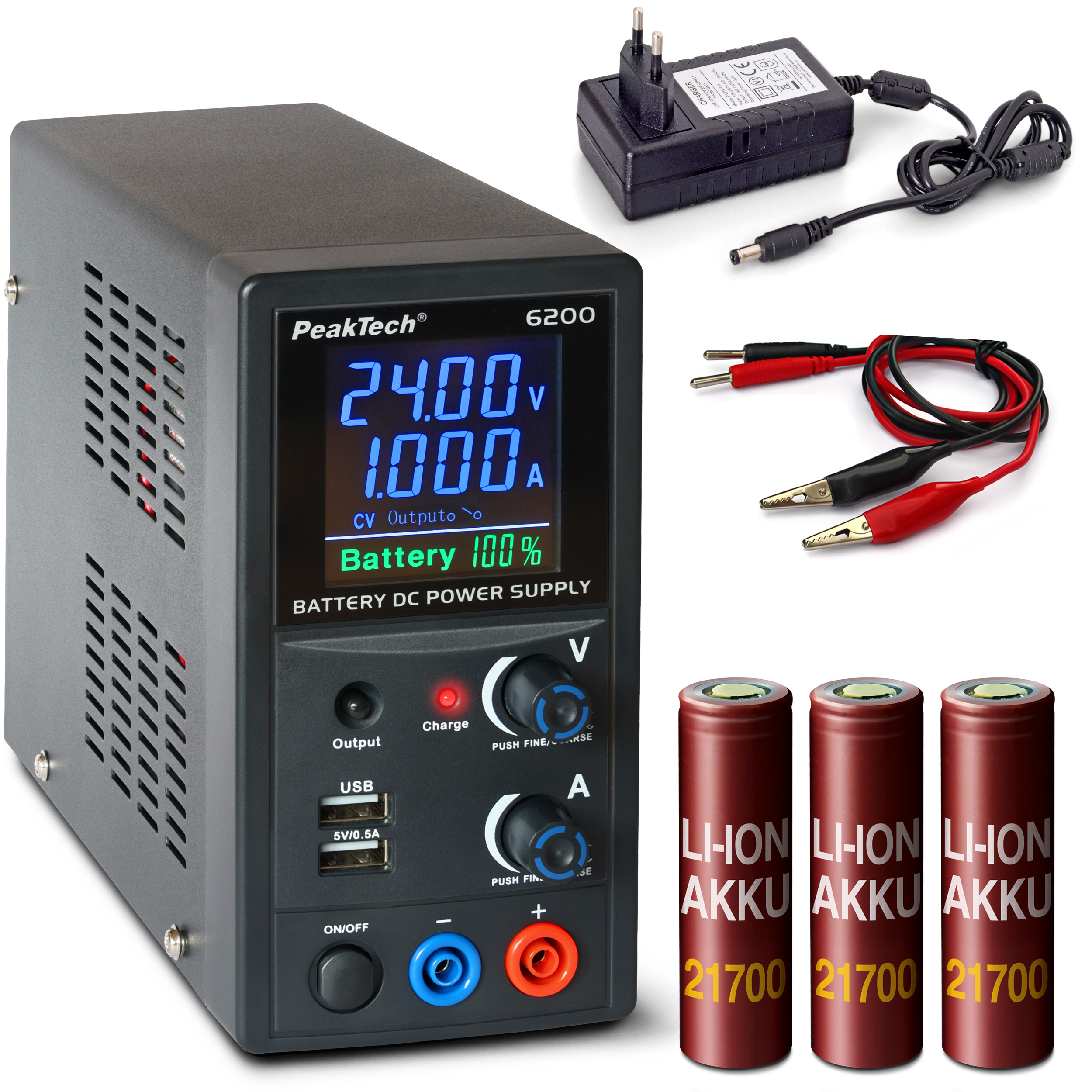 «PeakTech® P 6200» Fuente de alimentación a batería 0...24 V / 0...1 A DC