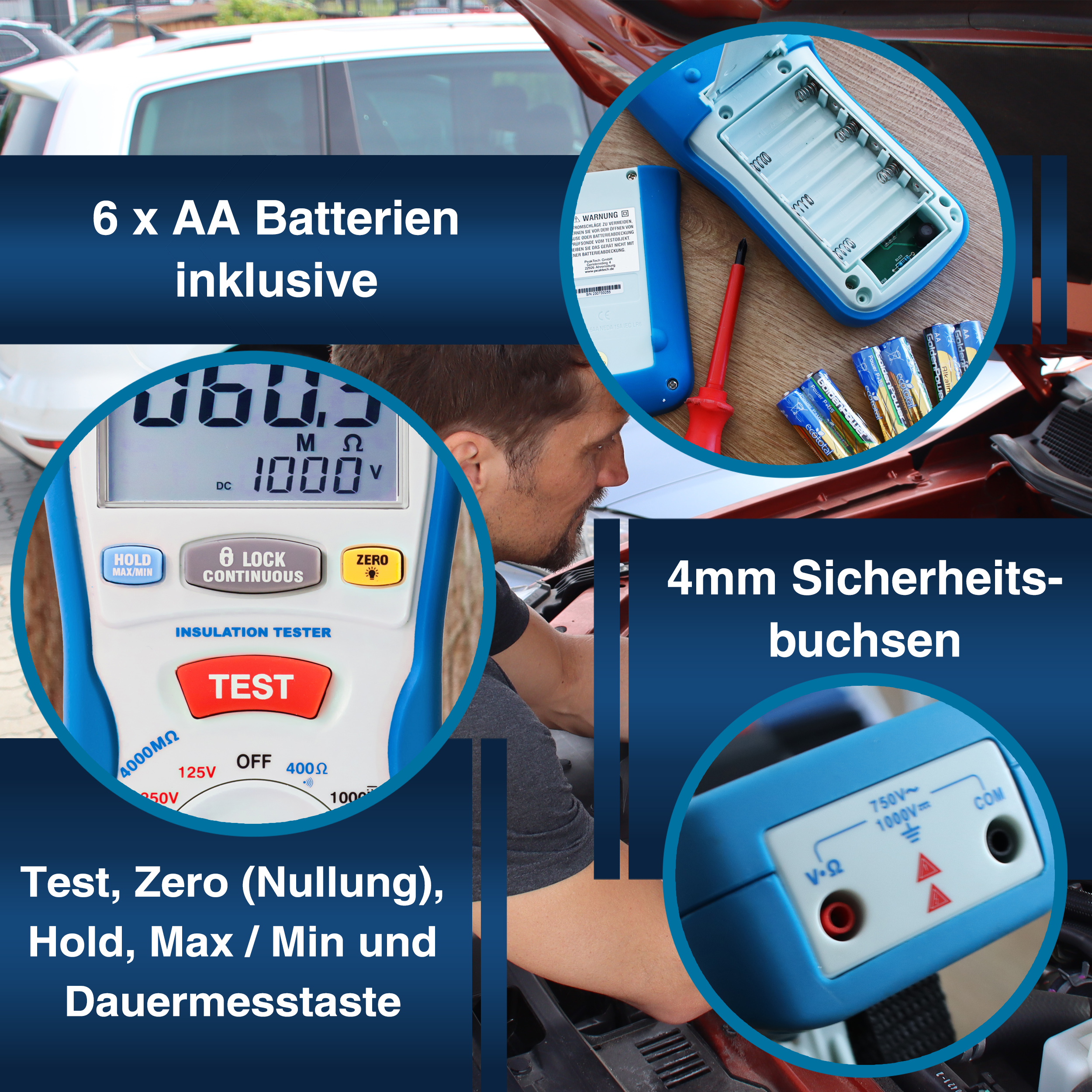 «PeakTech® P 2695» Medidor de Aislamiento 125/250/500/1000 V /4000 MΩ