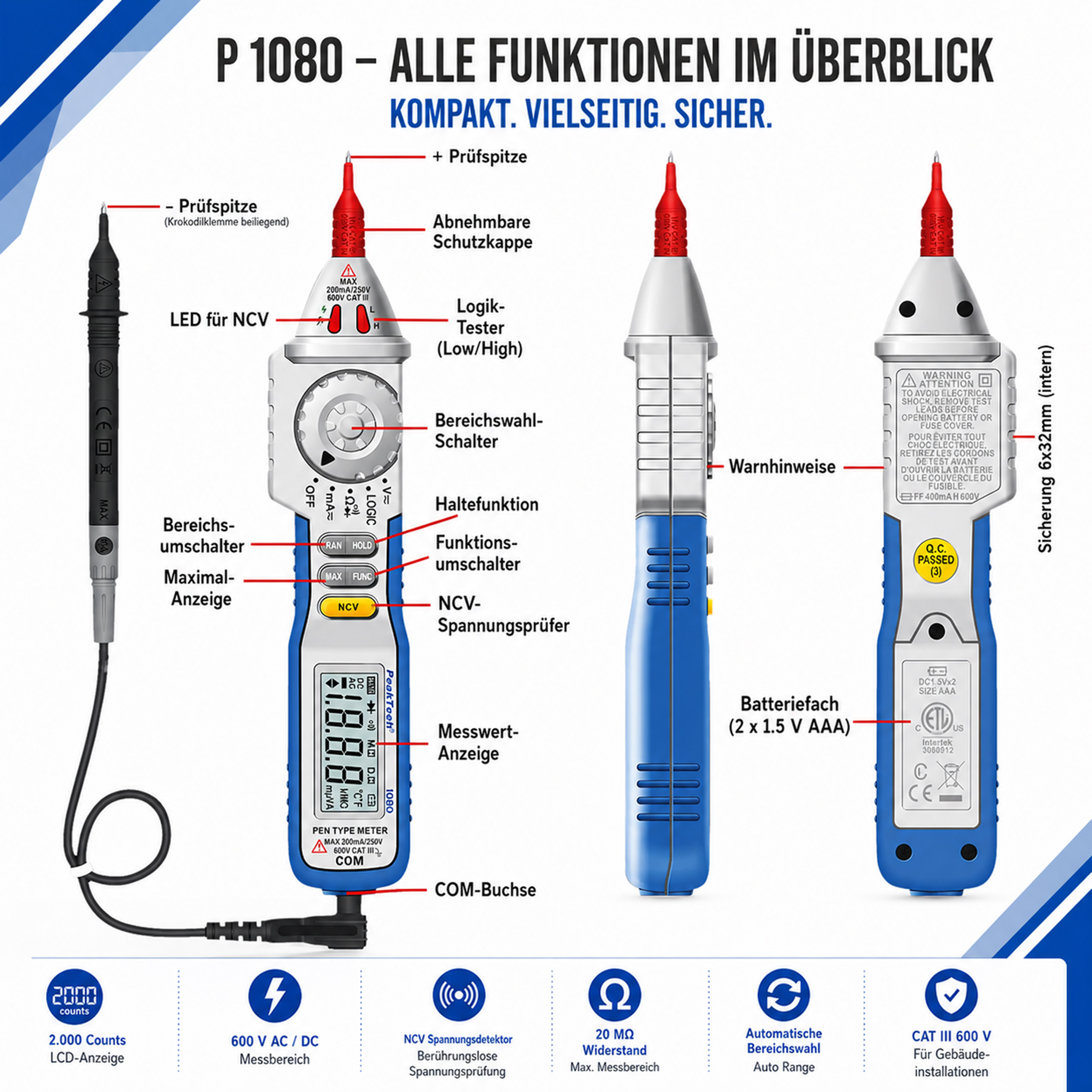 «PeakTech® P 1080» 600V AC / DC pen- type multimeter ~ 2000 digit LCD