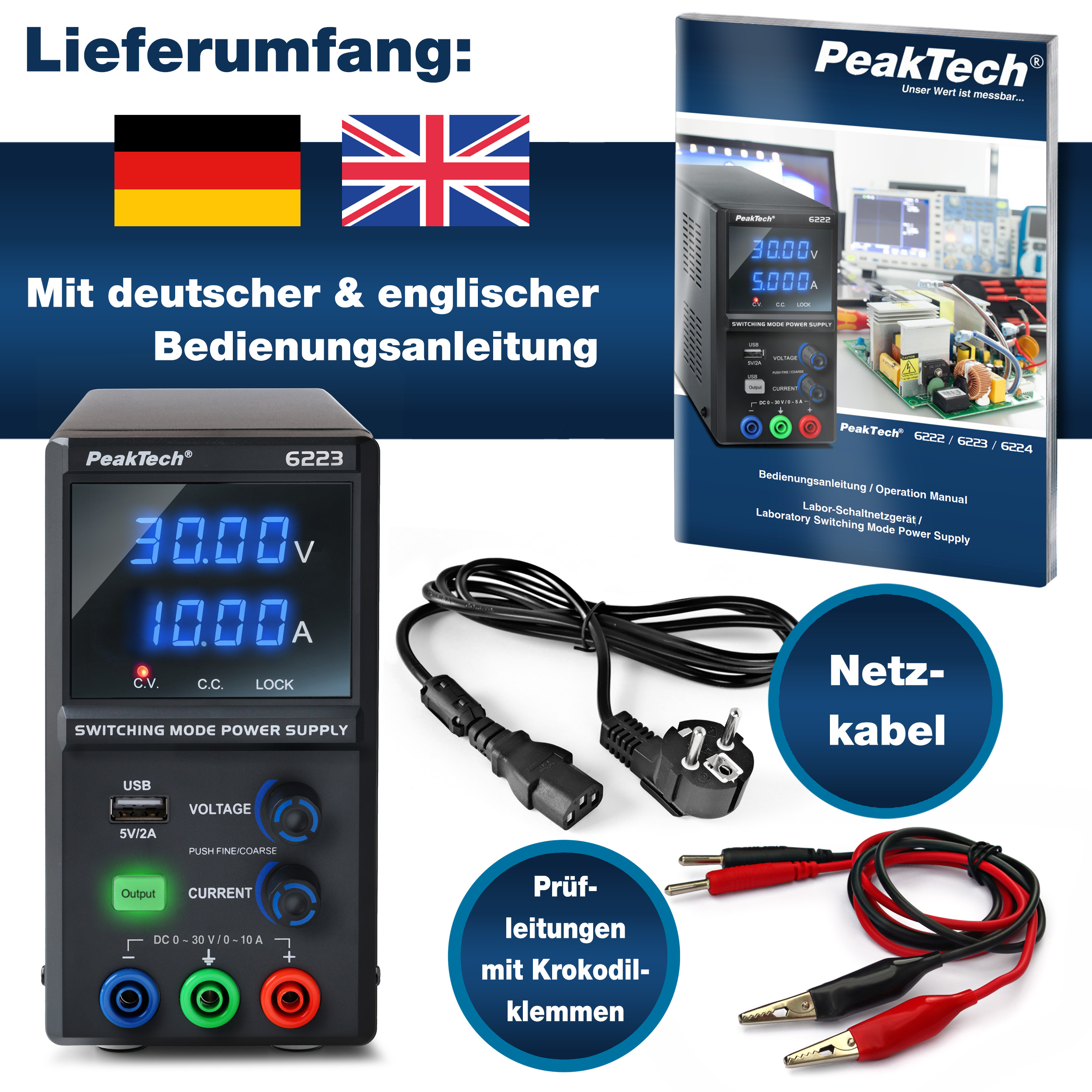 «PeakTech® P 6223» DC Labor-Schaltnetzteil, 0 - 30 V / 0 - 10 A