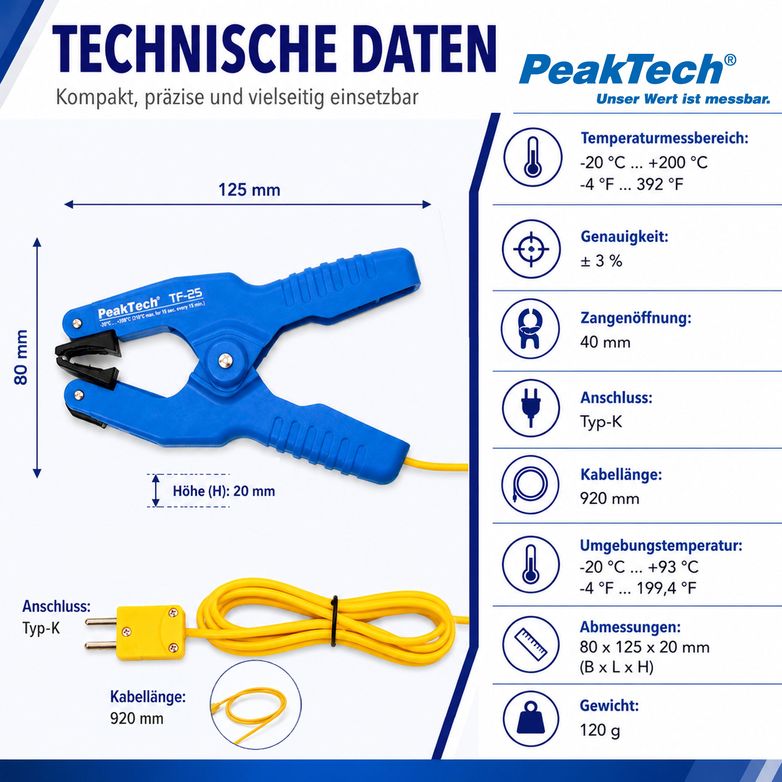 «PeakTech® P TF-25» Zangen-Temperaturfühler, -20 °C … + 200°C