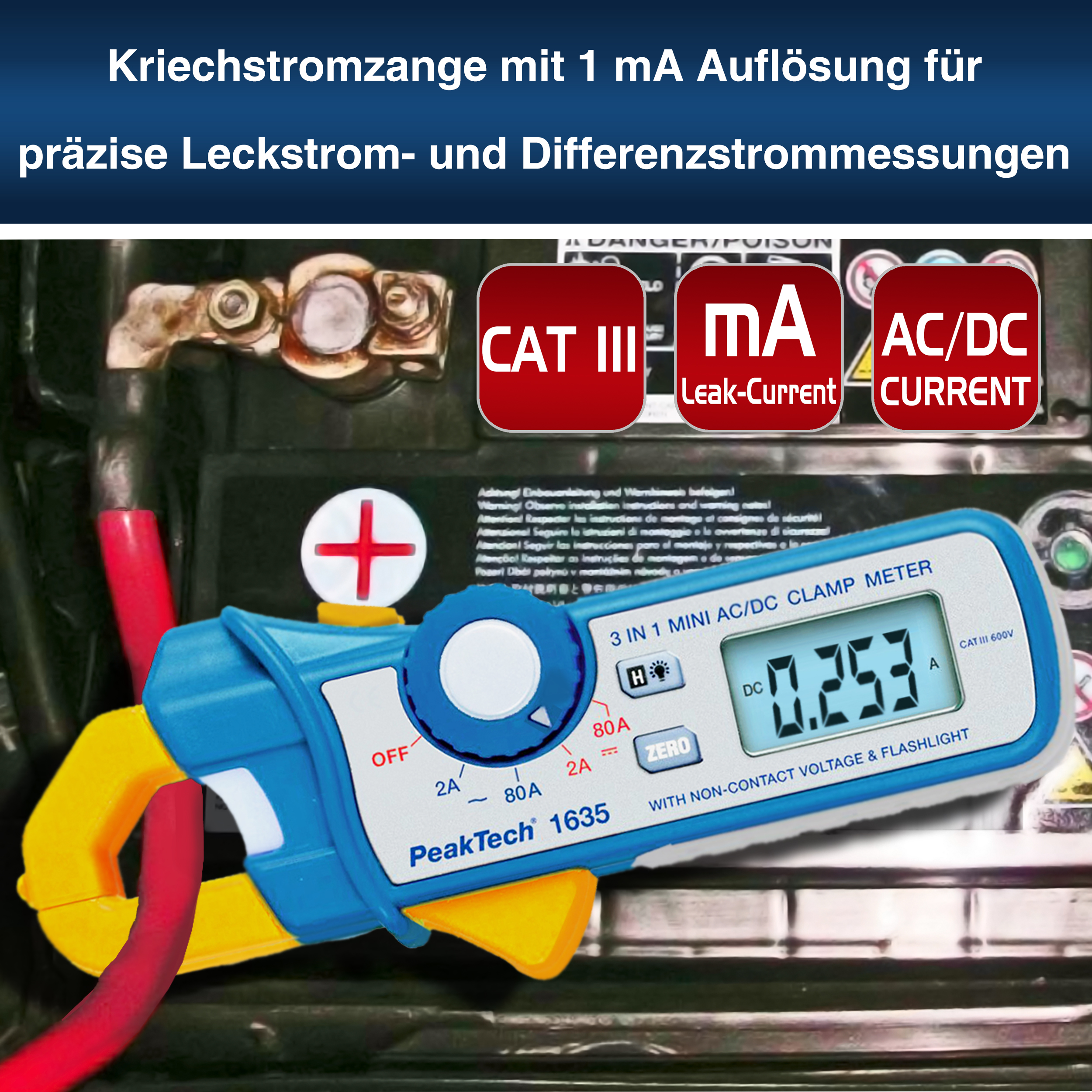 «PeakTech® P 1635» Kriechstromzange 2 / 80 A AC/DC mit 1mA Auflösung
