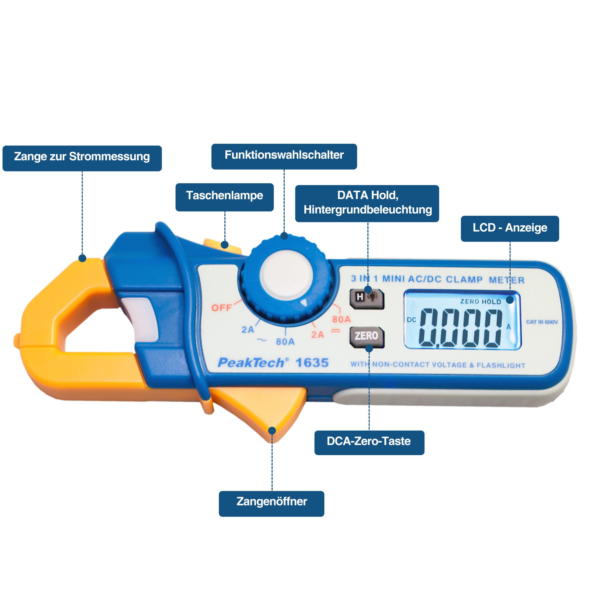 «PeakTech® P 1635» Kriechstromzange 2 / 80 A AC/DC mit 1mA Auflösung