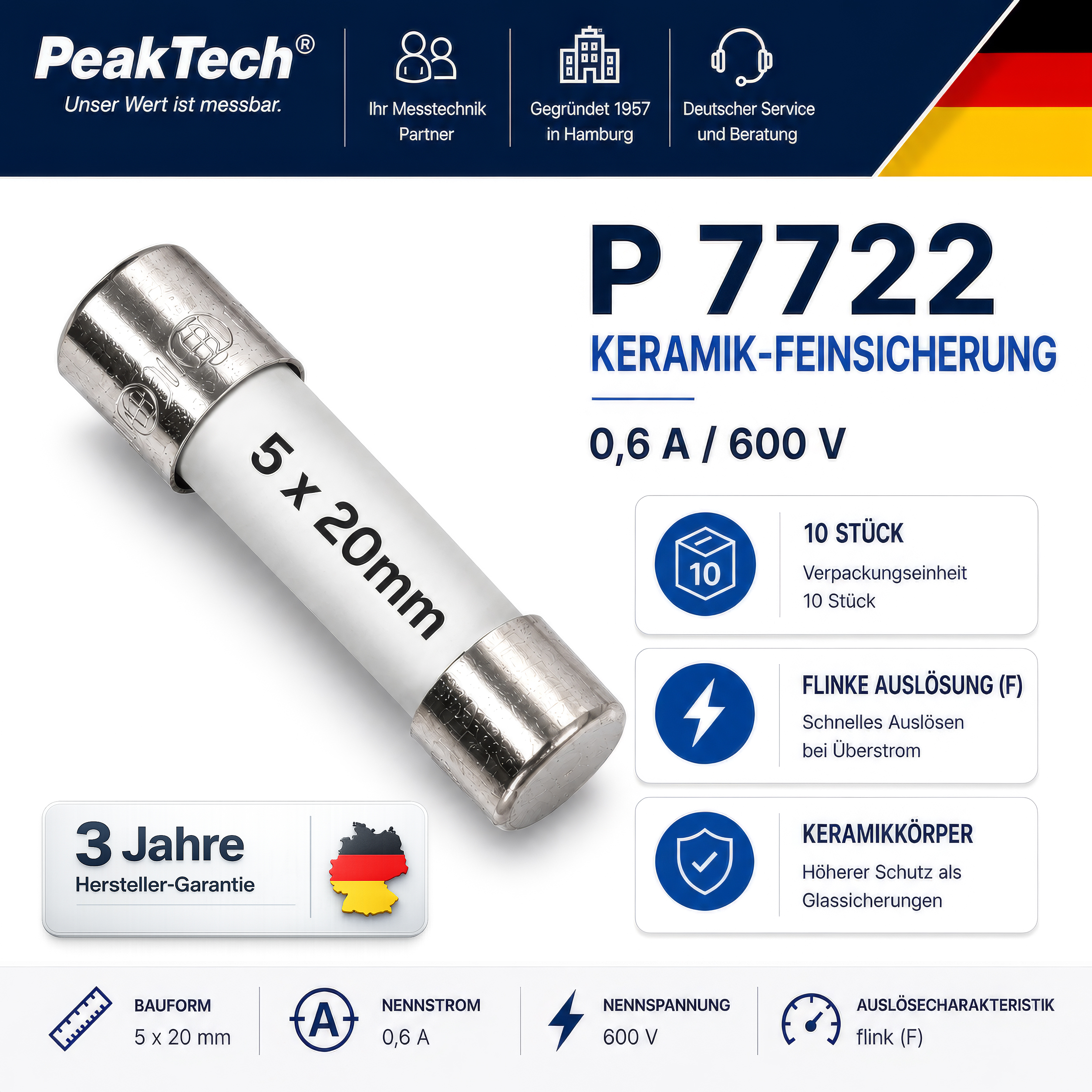 "PeakTech® P 7722" Fusible fin ~ 0,6 A / 600 V ~ 5 x 20 mm ~ rapide (F)
