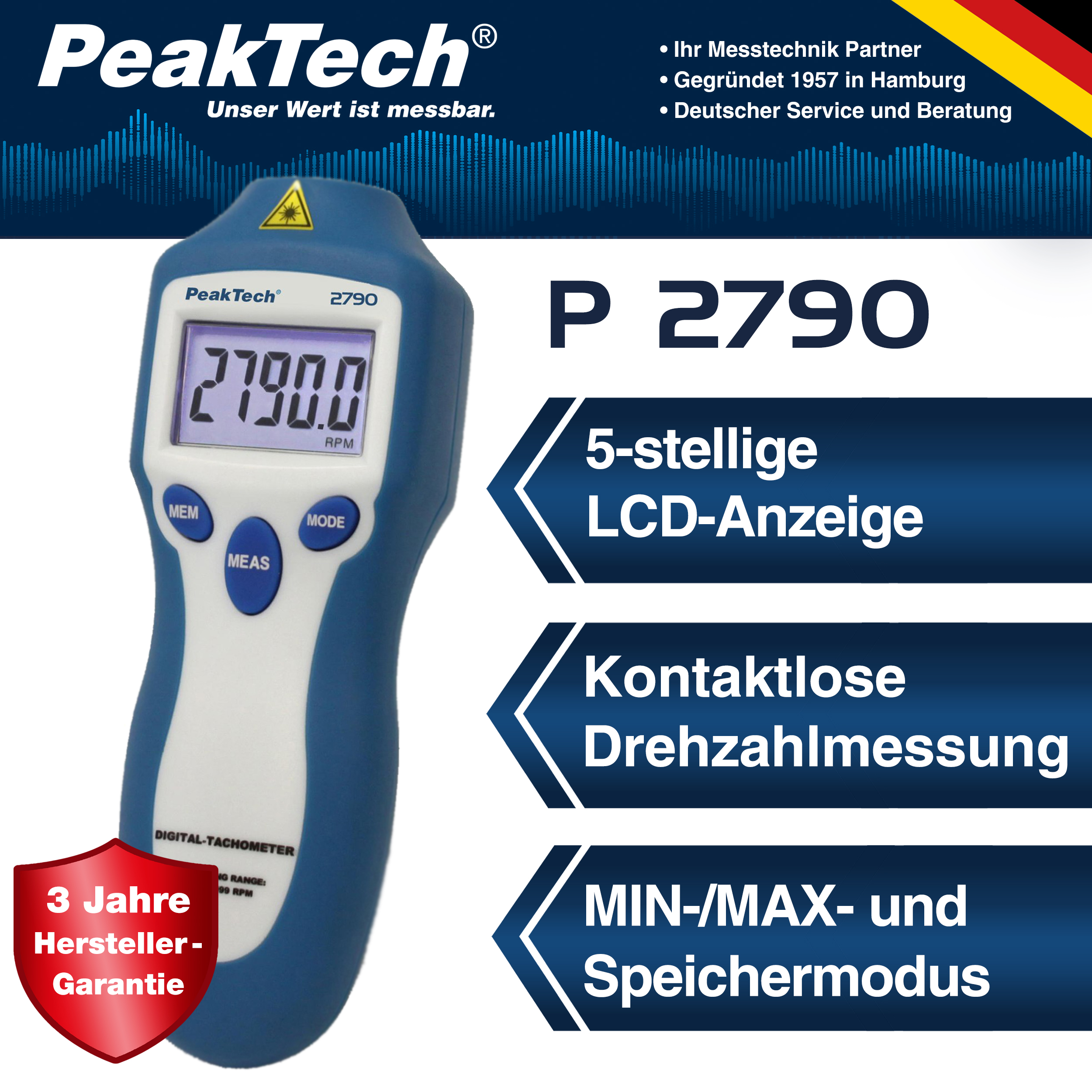 «PeakTech® P 2790» Drehzahlmessgerät, 5-stellig 1 ... 99.999 rpm