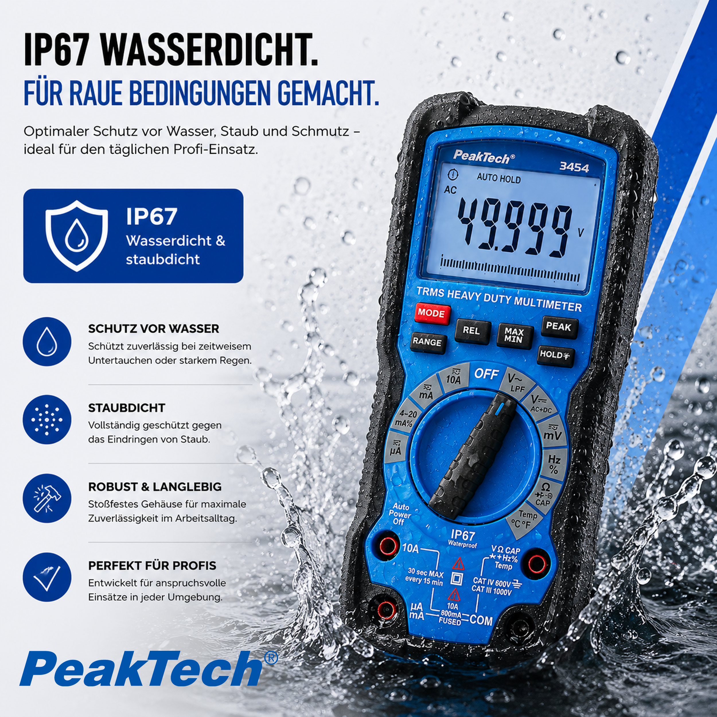 «PeakTech® P 3454» Multimètre robuste  ~ 50 000 points, écran LCD ~ 1 000 V CA/CC avec TrueRMS, IP67