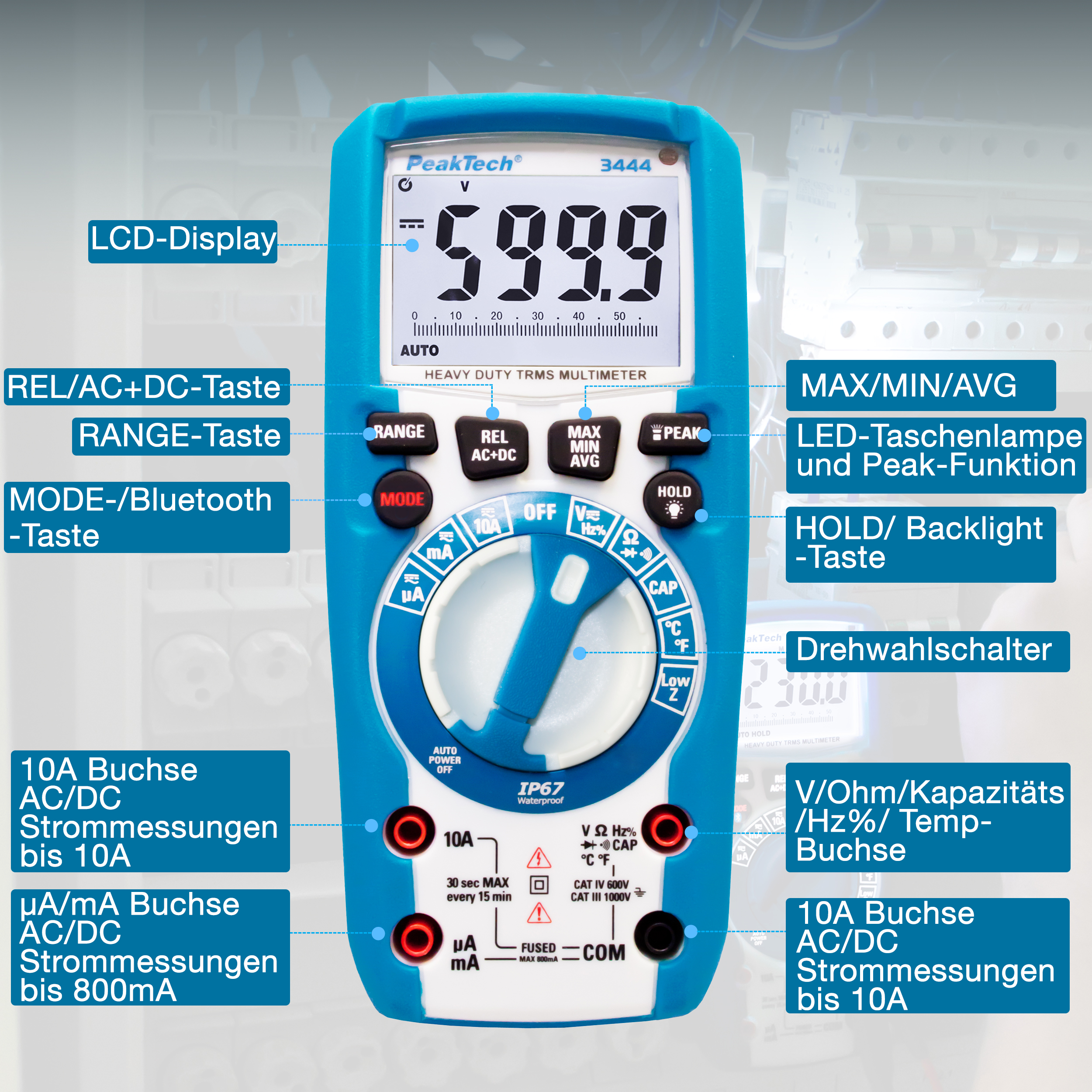 «PeakTech® P 3444» TrueRMS Digitalmultimeter 6.000 Counts, IP67