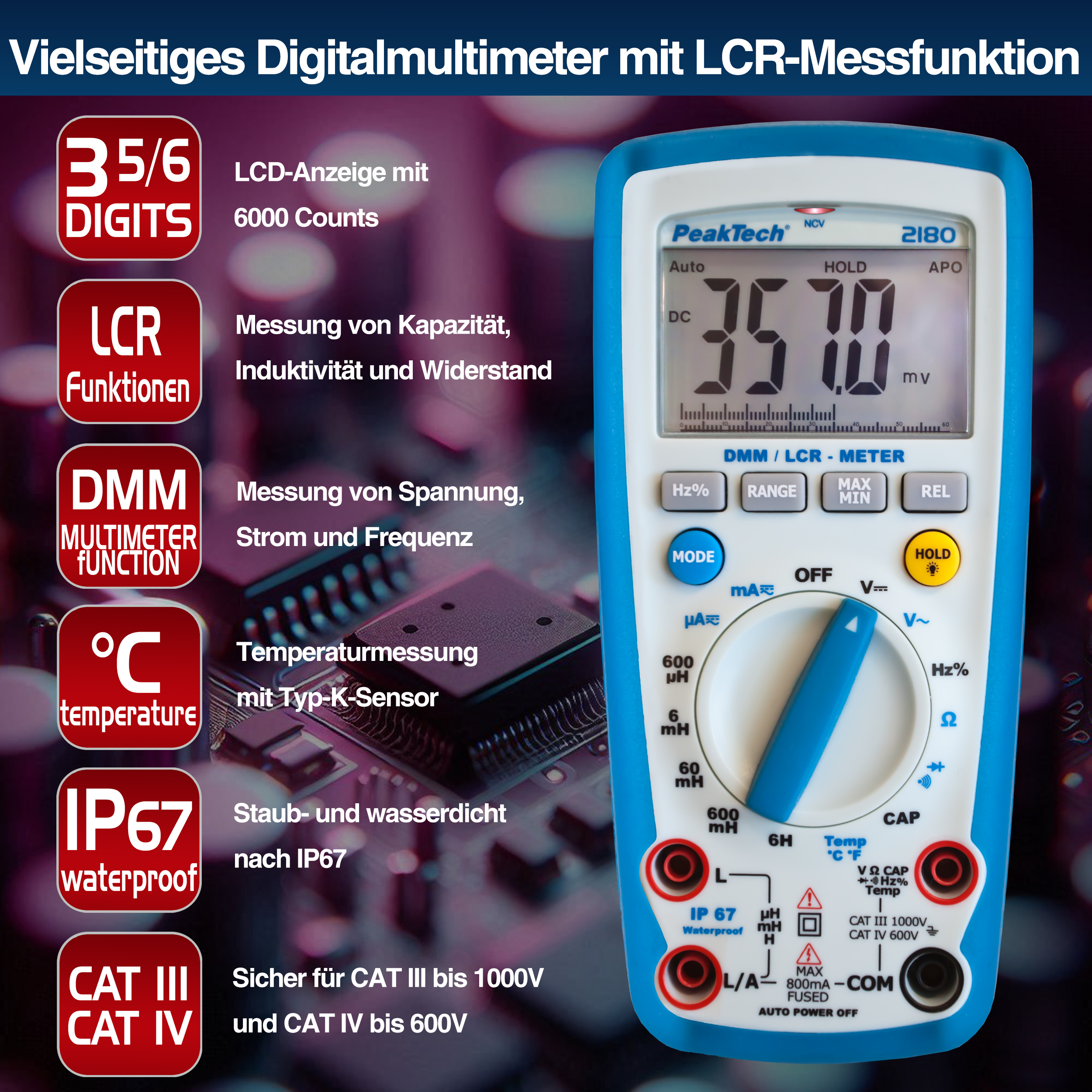 «PeakTech® P 2180» Multimetr cyfrowy z miernikiem LCR, 6000 zliczeń