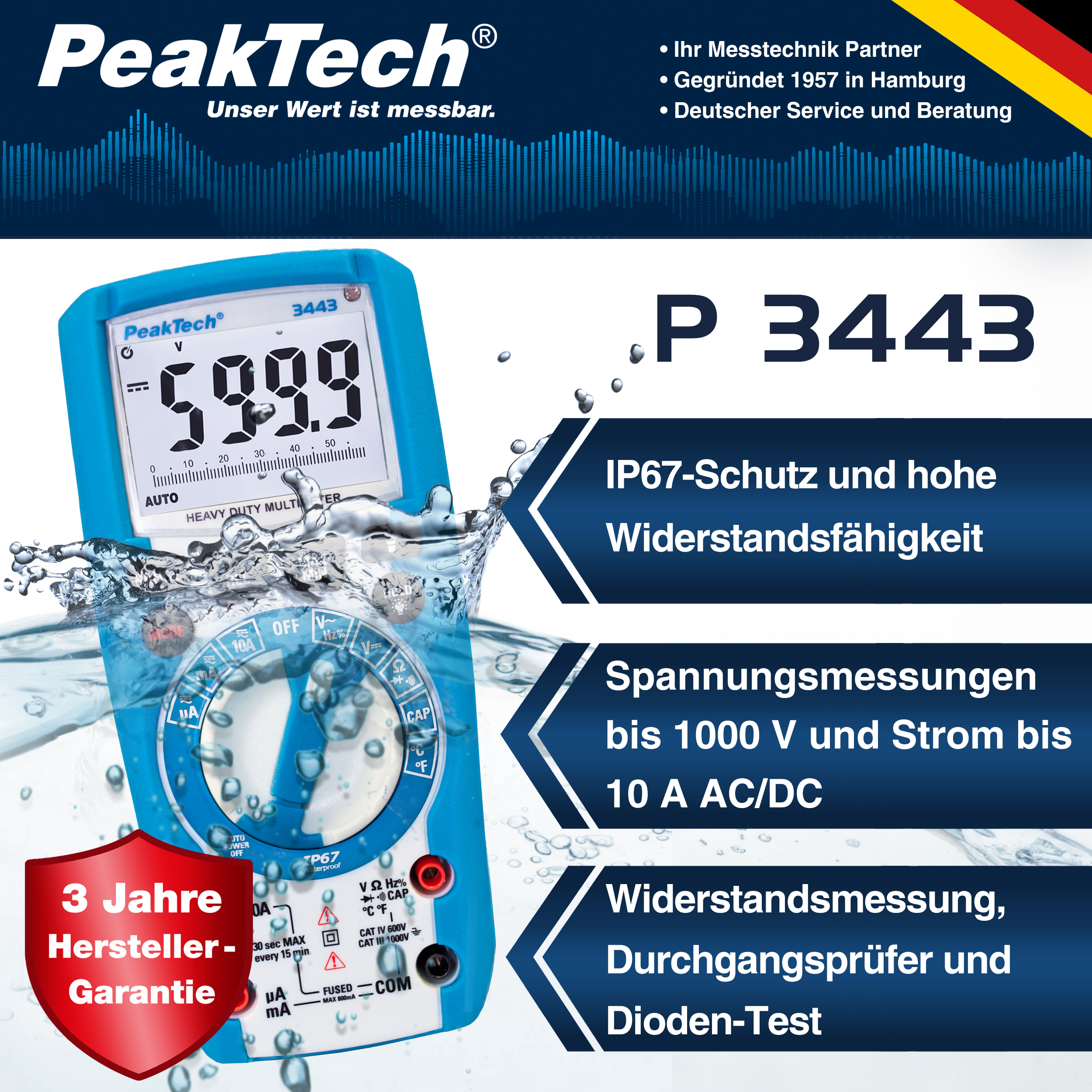 «PeakTech® P 3443» Multimetr cyfrowy 6 000 zliczeń, IP67