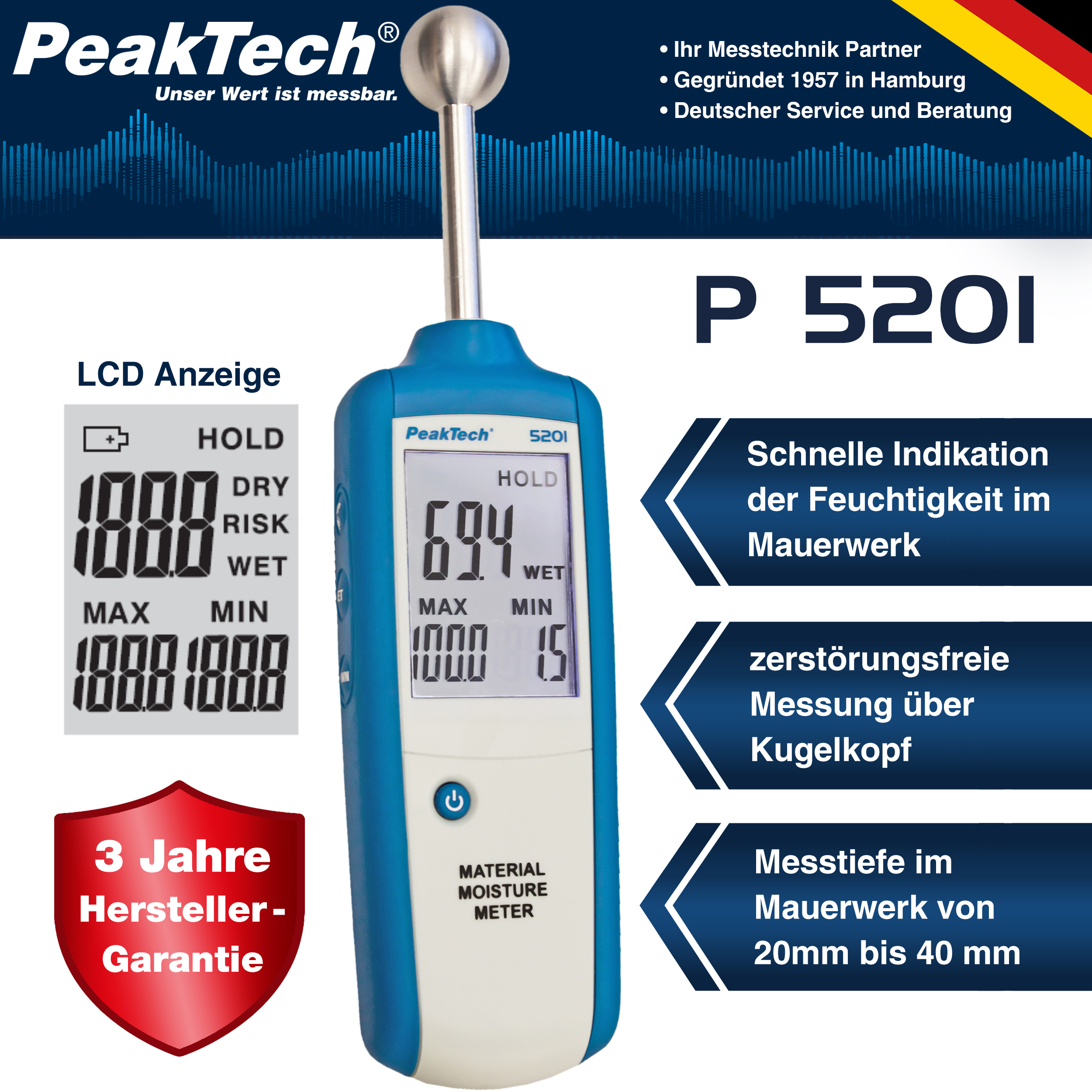 «PeakTech® P 5201» Miernik wilgotności drewna i materiałów