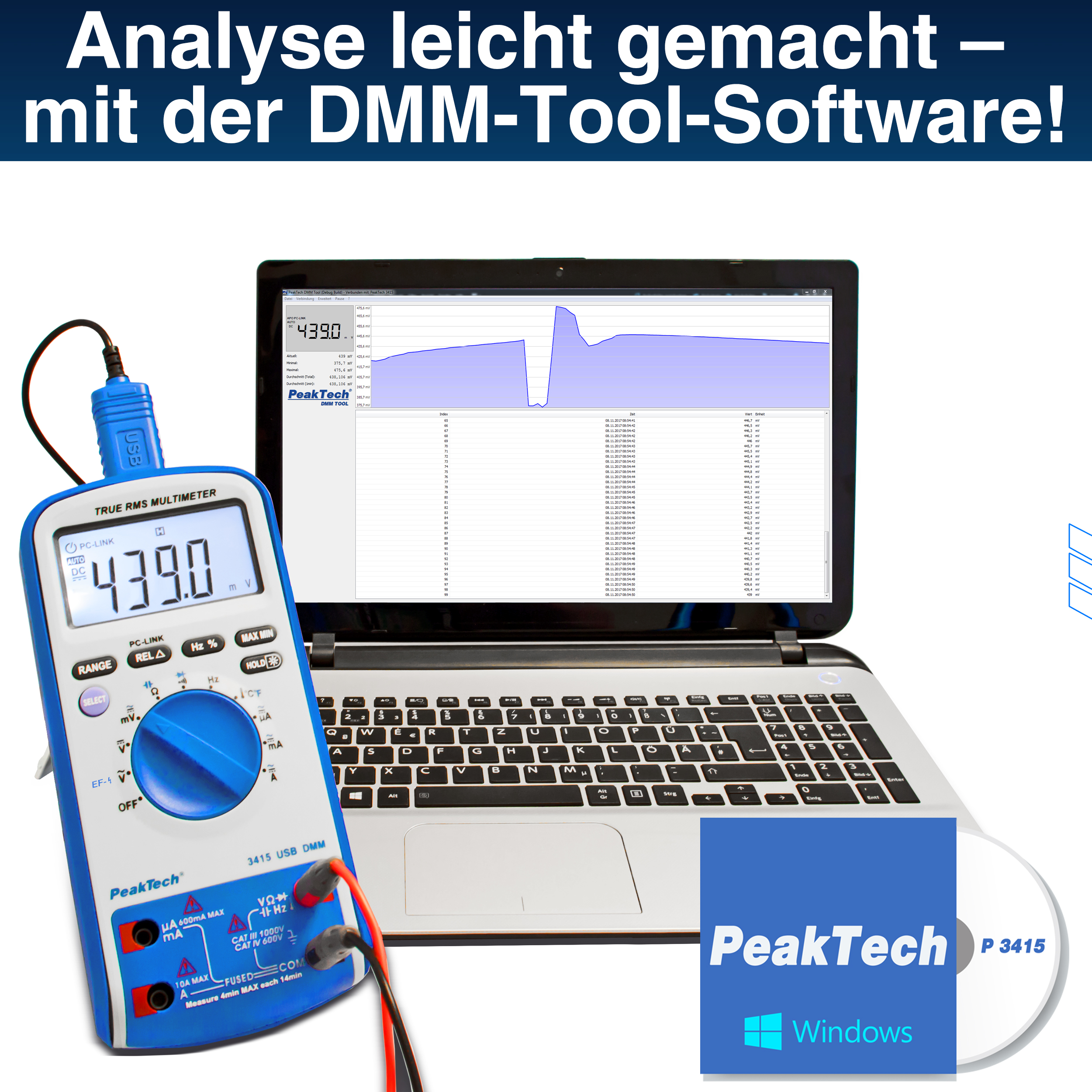 «PeakTech® P 3415» Digital multimeter, 6,000 counts, TrueRMS & USB