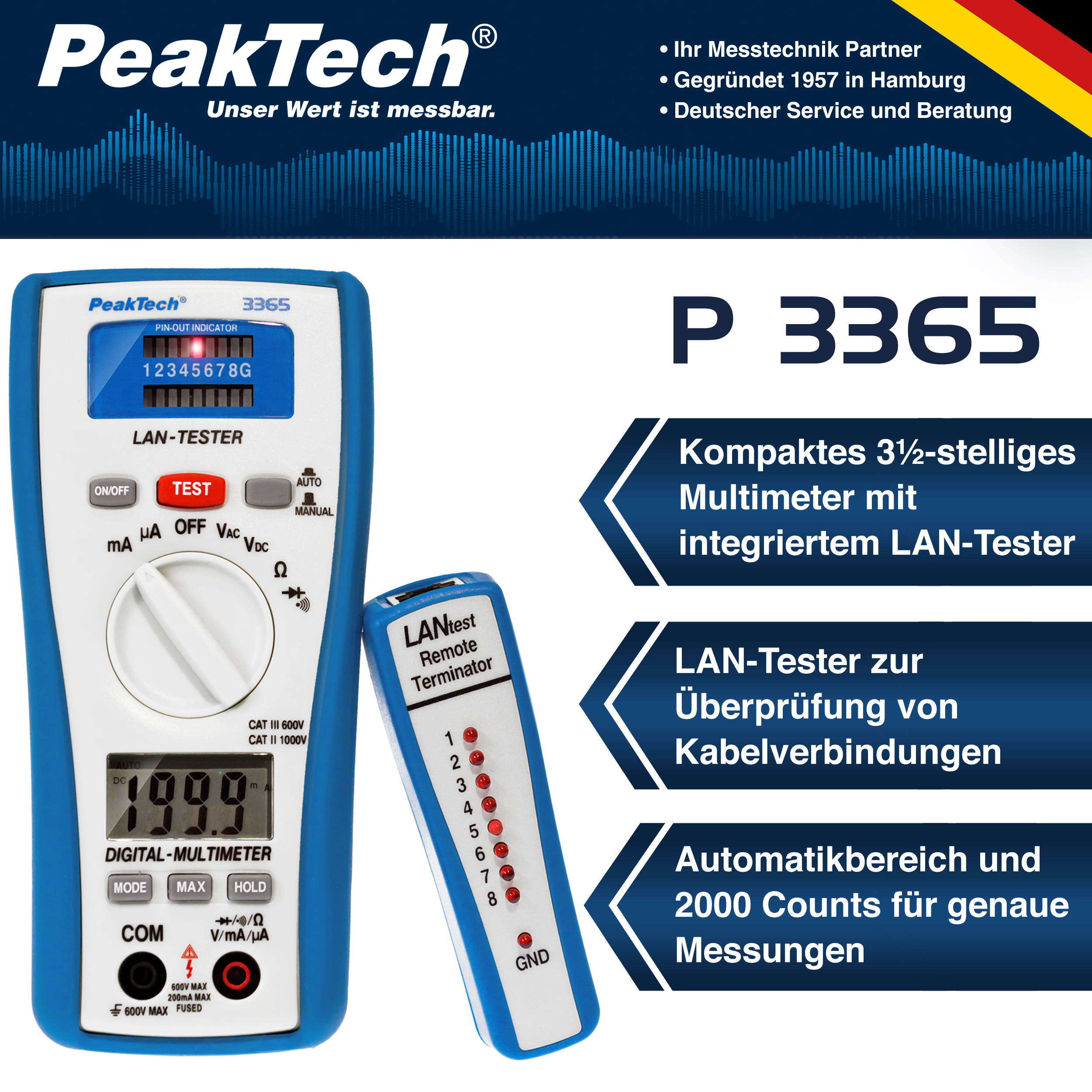 «PeakTech® P 3365» Multimetr cyfrowy 2000 liczy z testerem sieci LAN
