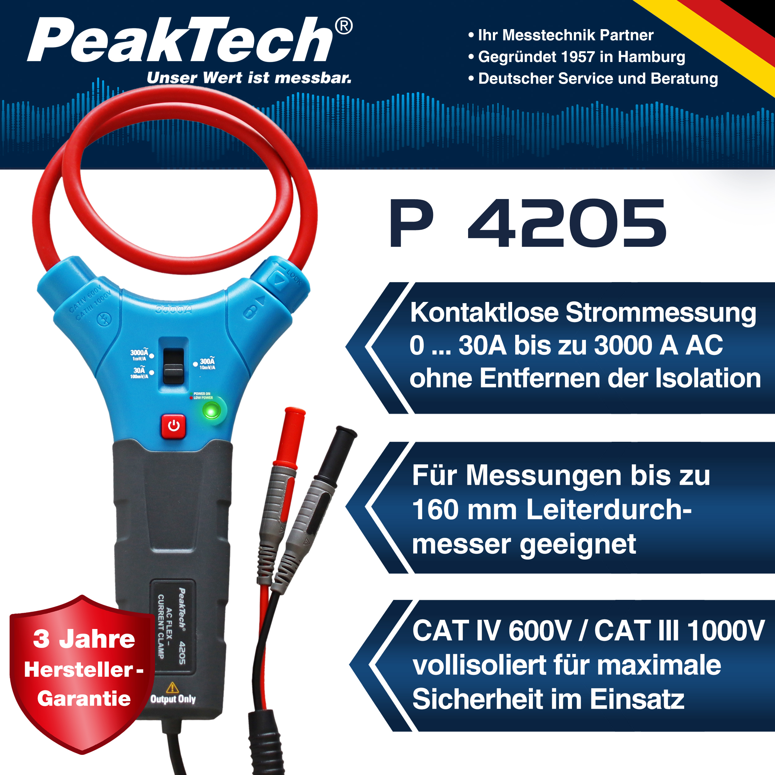 «PeakTech® P 4205» Flexible current clamp 3000 A AC with 4 mm plug