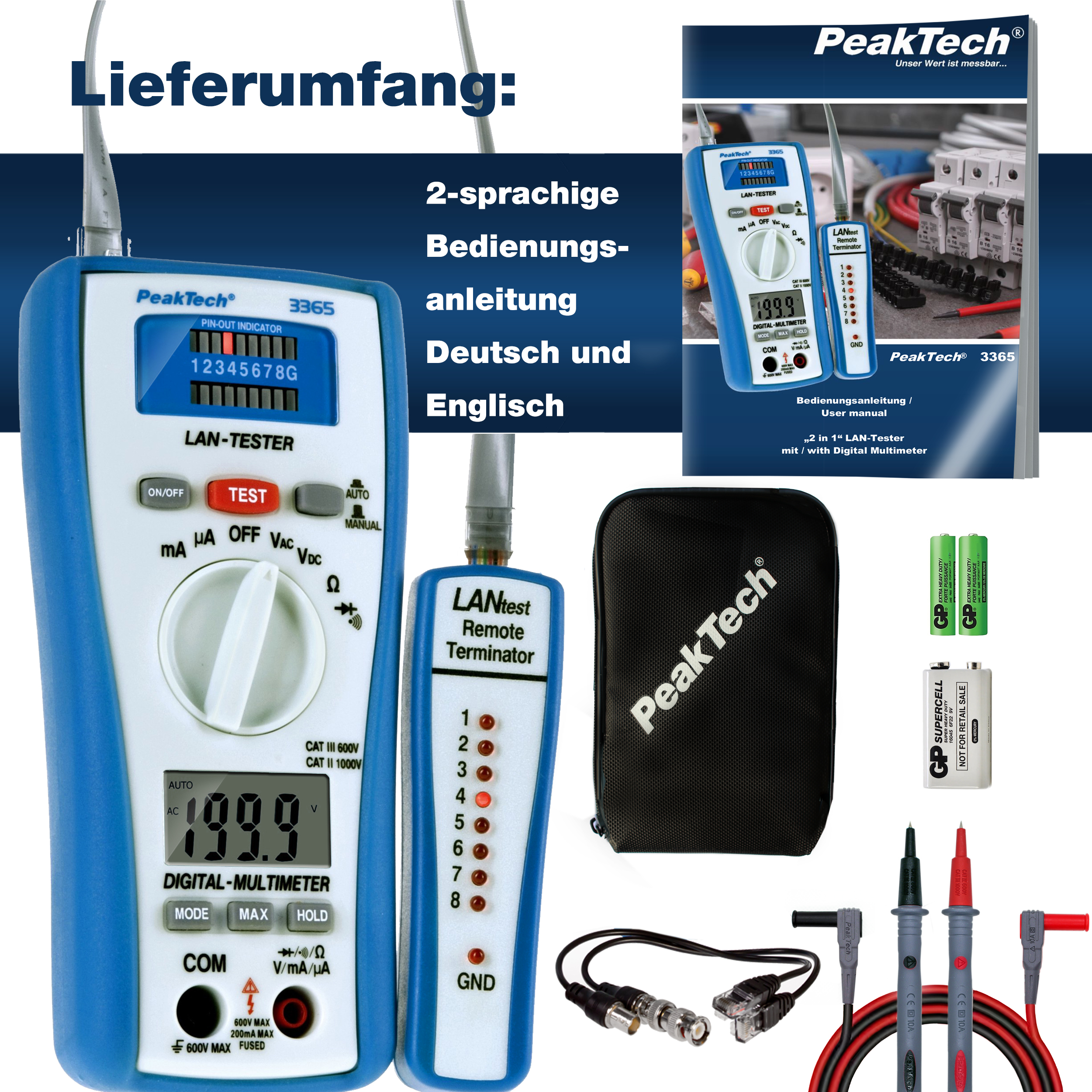 «PeakTech® P 3365» Multimetr cyfrowy 2000 liczy z testerem sieci LAN
