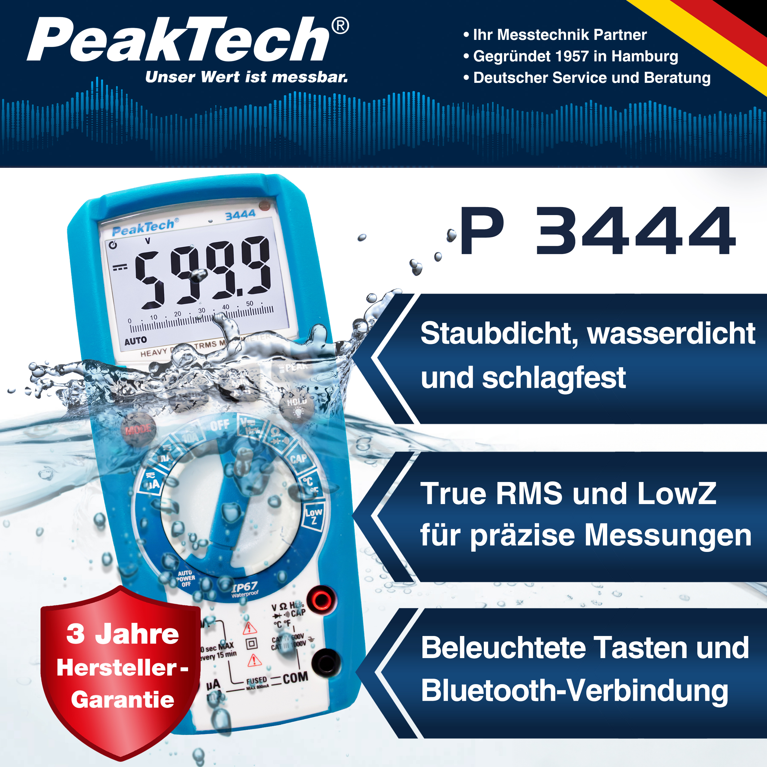 «PeakTech® P 3444» TrueRMS Digitalmultimeter 6.000 Counts, IP67