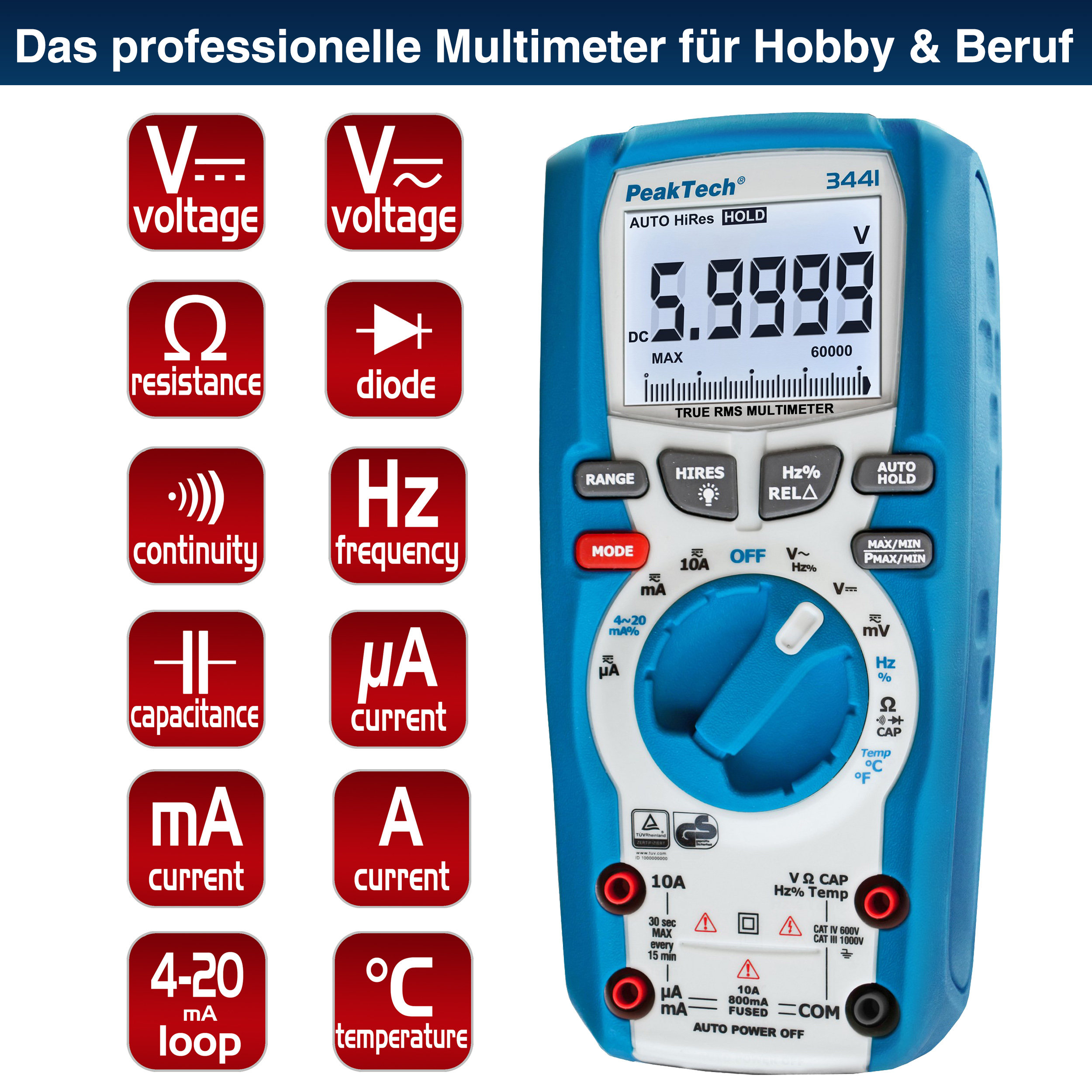 «PeakTech® P 3441» Multímetro Digital TrueRMS ~ 60.000 Counts ~ 1000V AC/DC