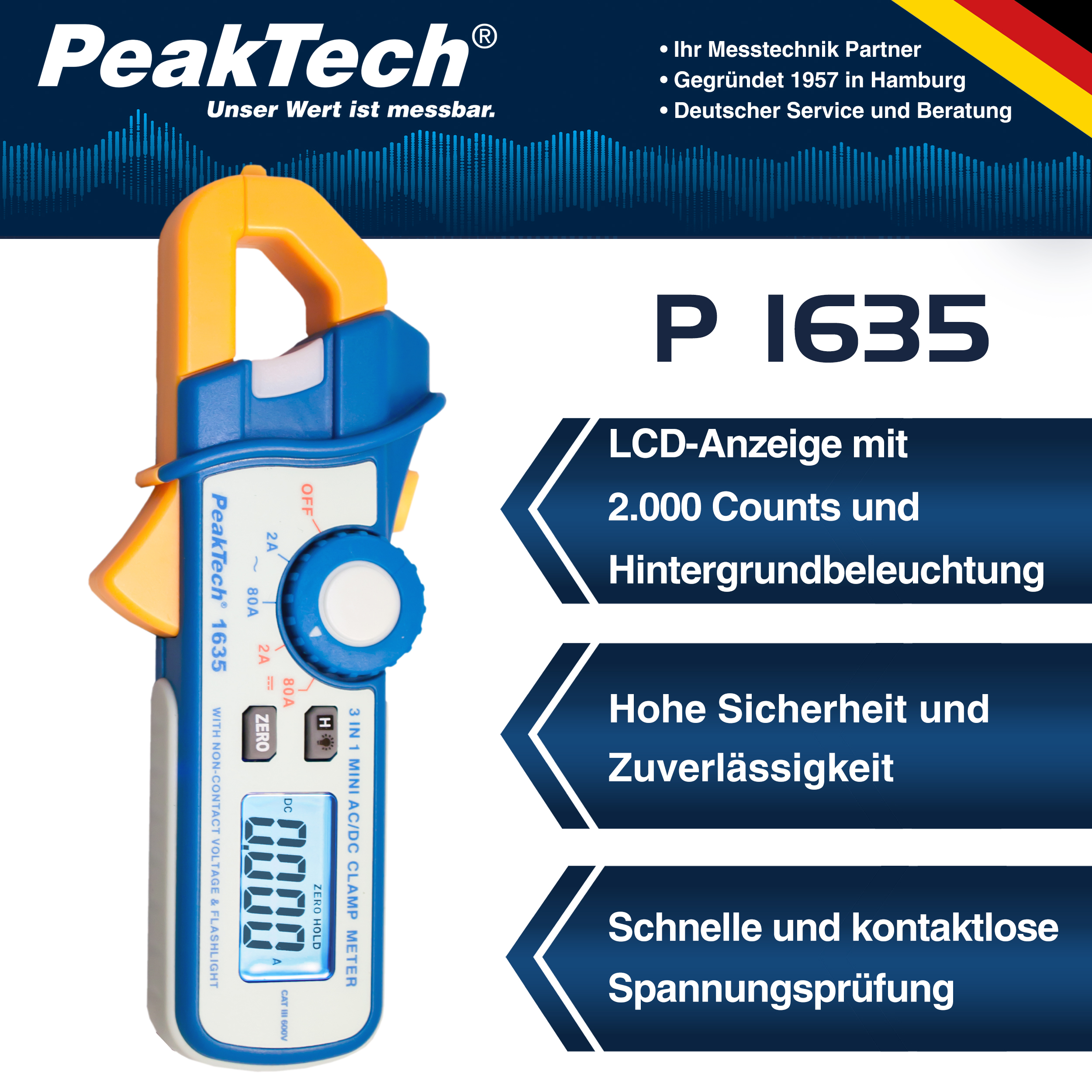 «PeakTech® P 1635» Kriechstromzange 2 / 80 A AC/DC mit 1mA Auflösung
