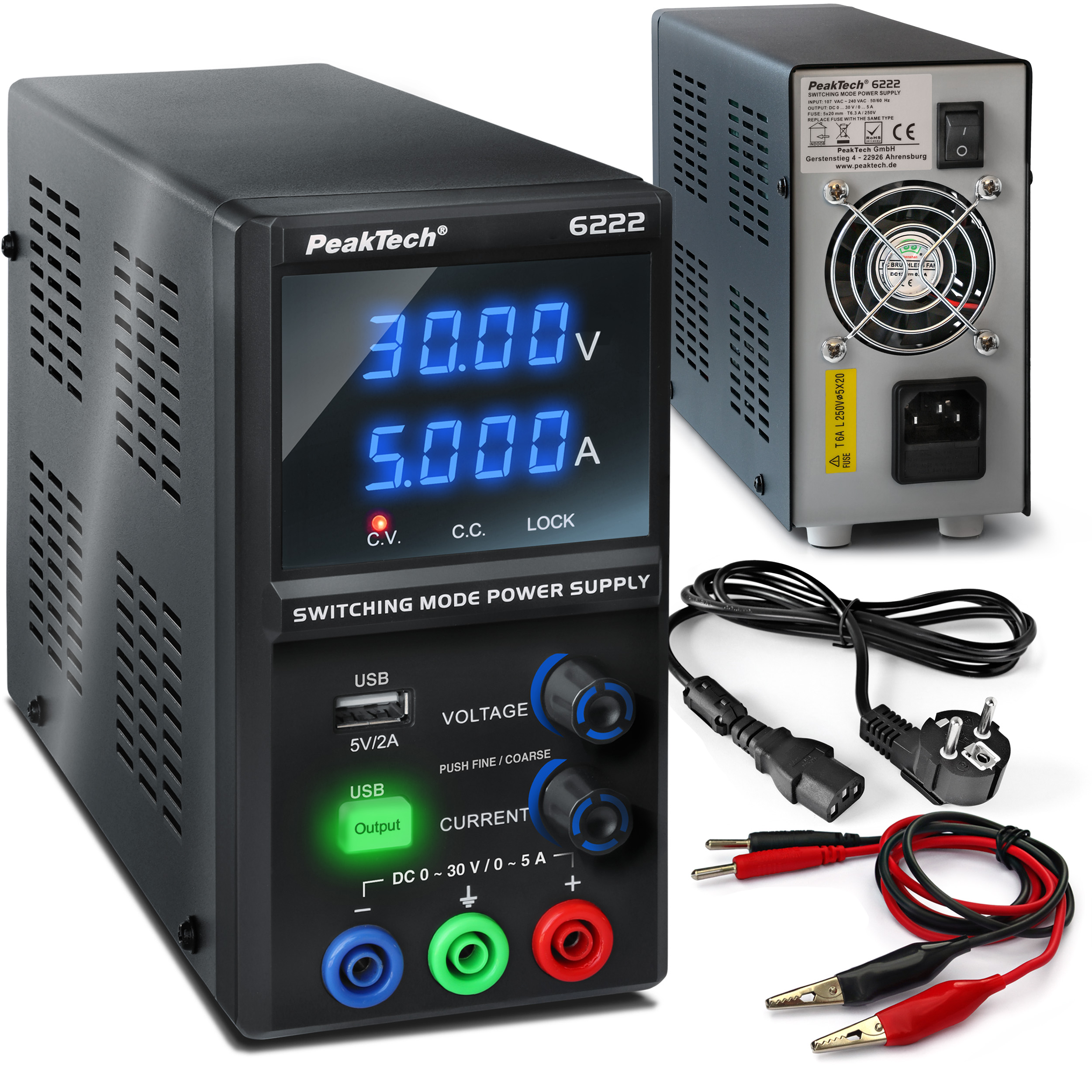 «PeakTech® P 6222» DC Labor-Schaltnetzteil, 0 - 30 V / 0 - 5 A