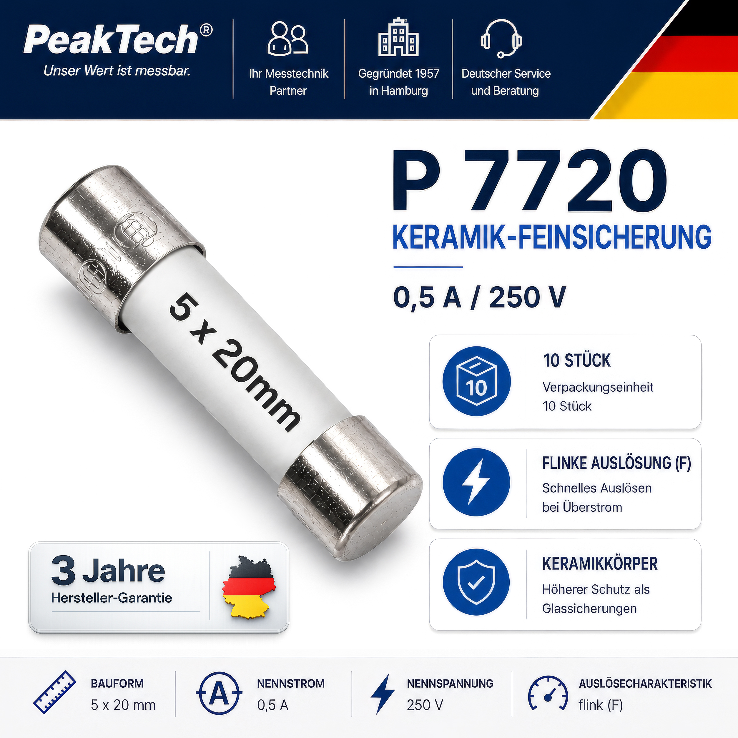 Microfusible "PeakTech® P 7720" ~ 0,5 A / 250 V ~ 5 x 20 mm ~ rápido (F)
