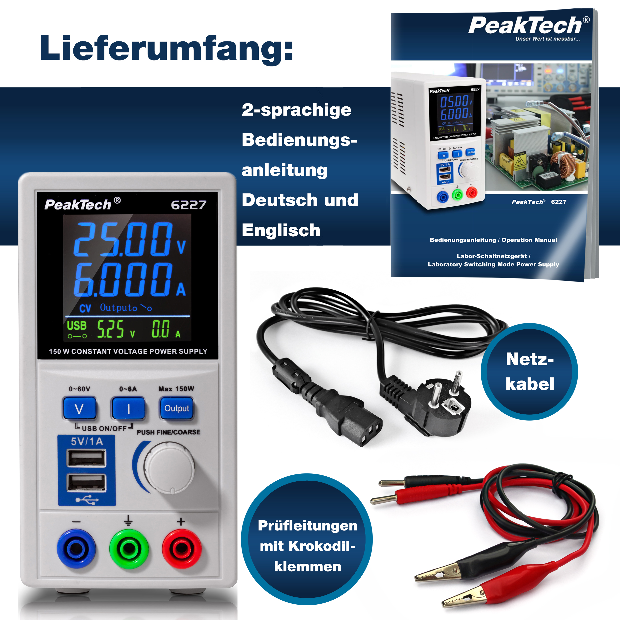 «PeakTech® P 6227» Switching Mode Power Supply 0 - 60 V / 0 - 6 A DC