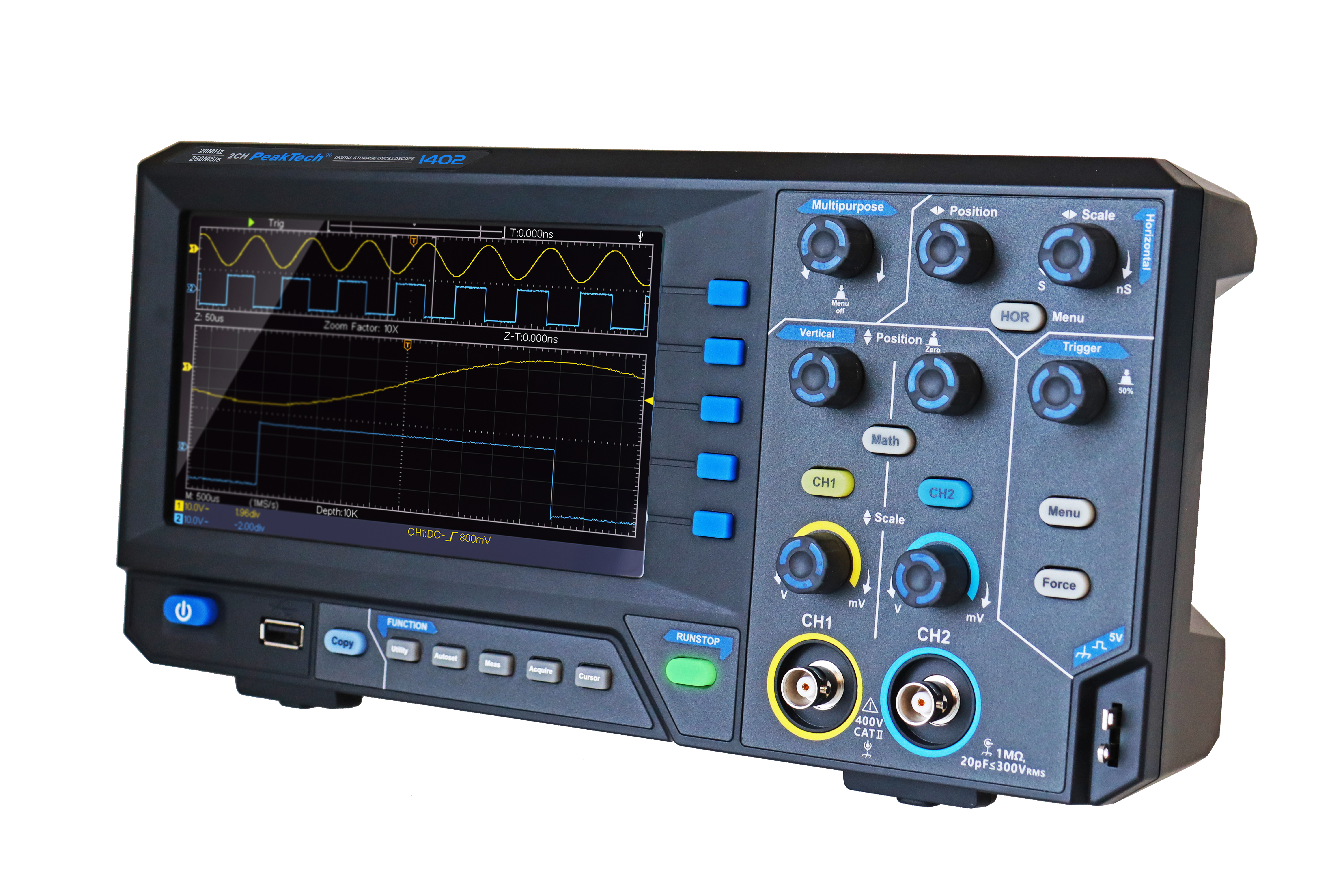 «PeakTech® P 1402» 20 MHz / 2CH, 250MS/s Digital storage oscilloscope