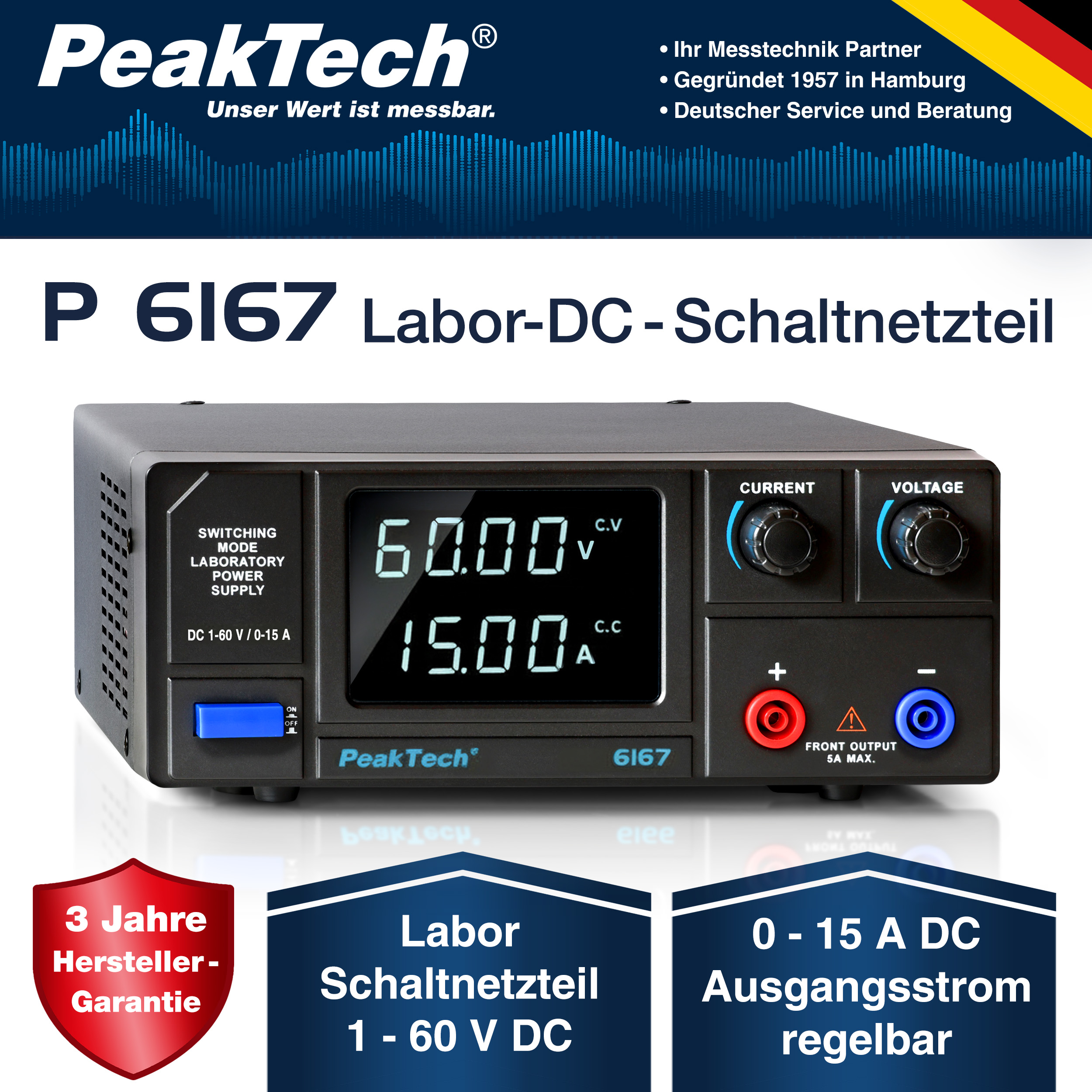 «PeakTech® P 6167» DC Schaltnetzgerät  1 - 60V / 0-15A