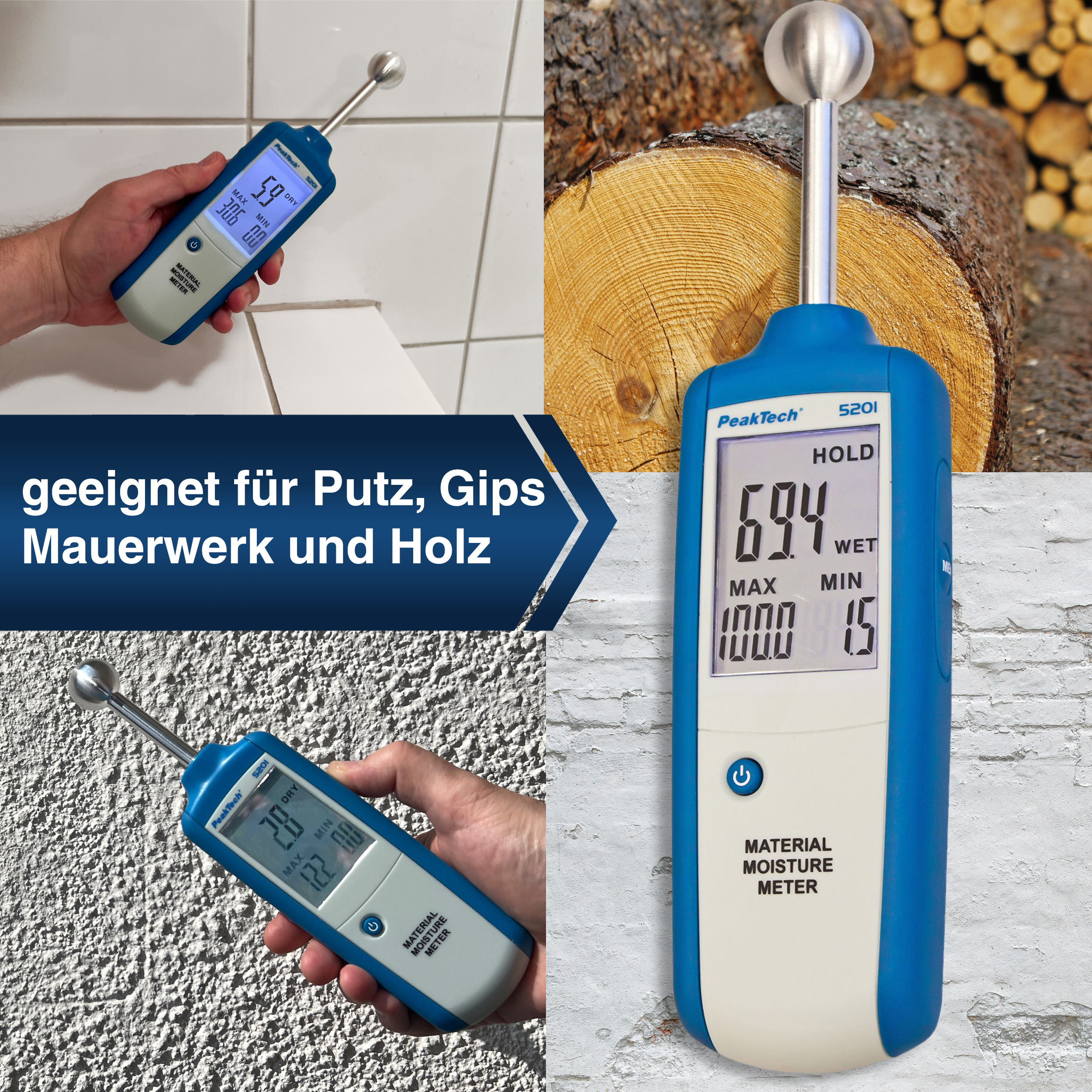 «PeakTech® P 5201» Miernik wilgotności drewna i materiałów