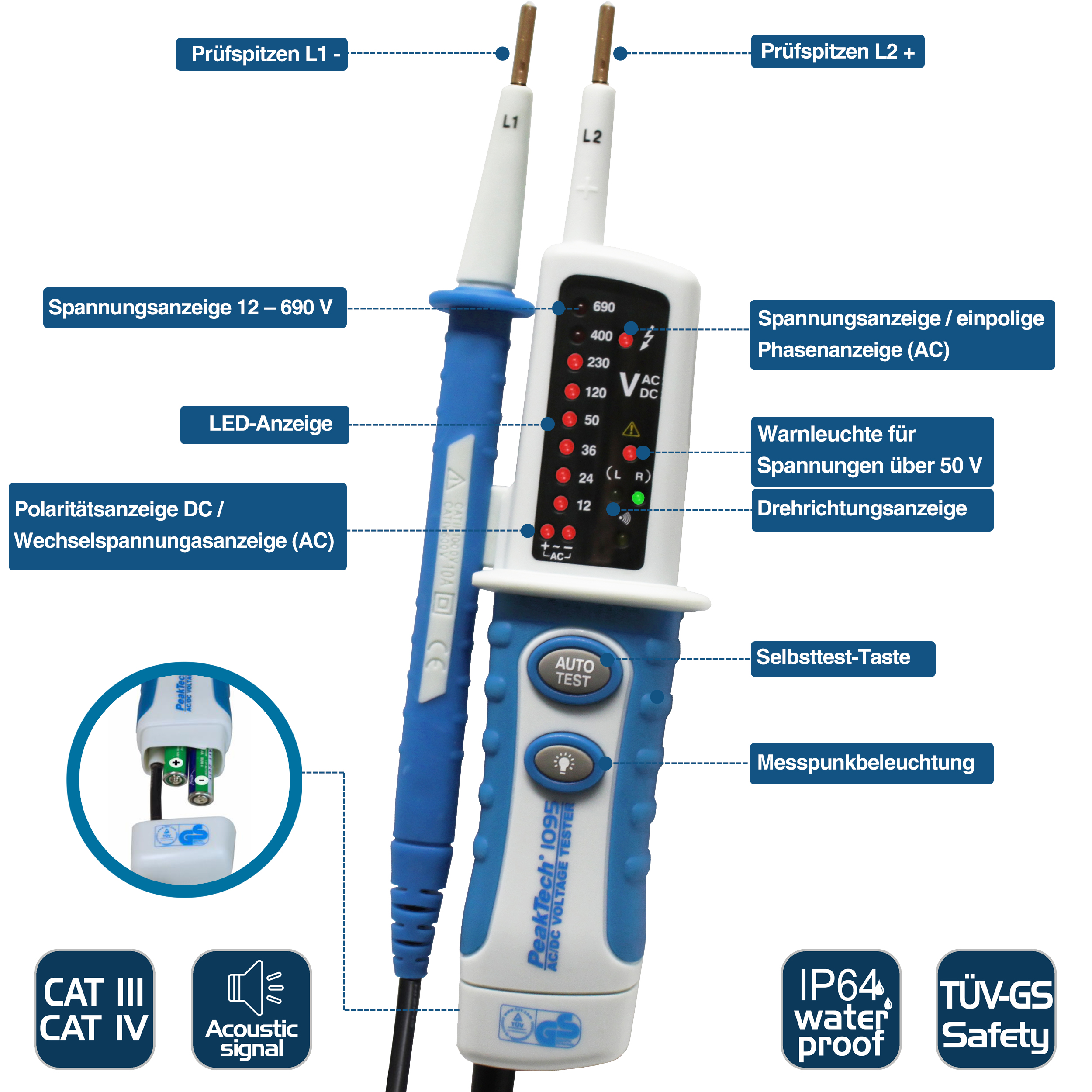 «PeakTech® P 1095» Tester di tensione AC/DC con display a LED