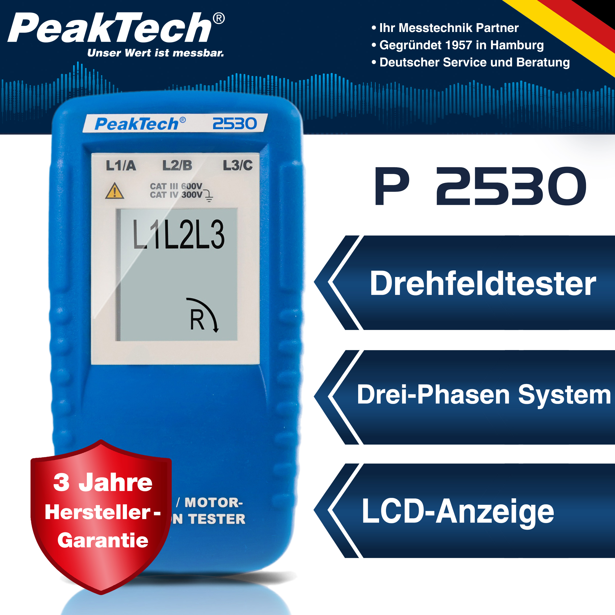 «PeakTech® P 2530» 3-phase direction indicator with LCD display