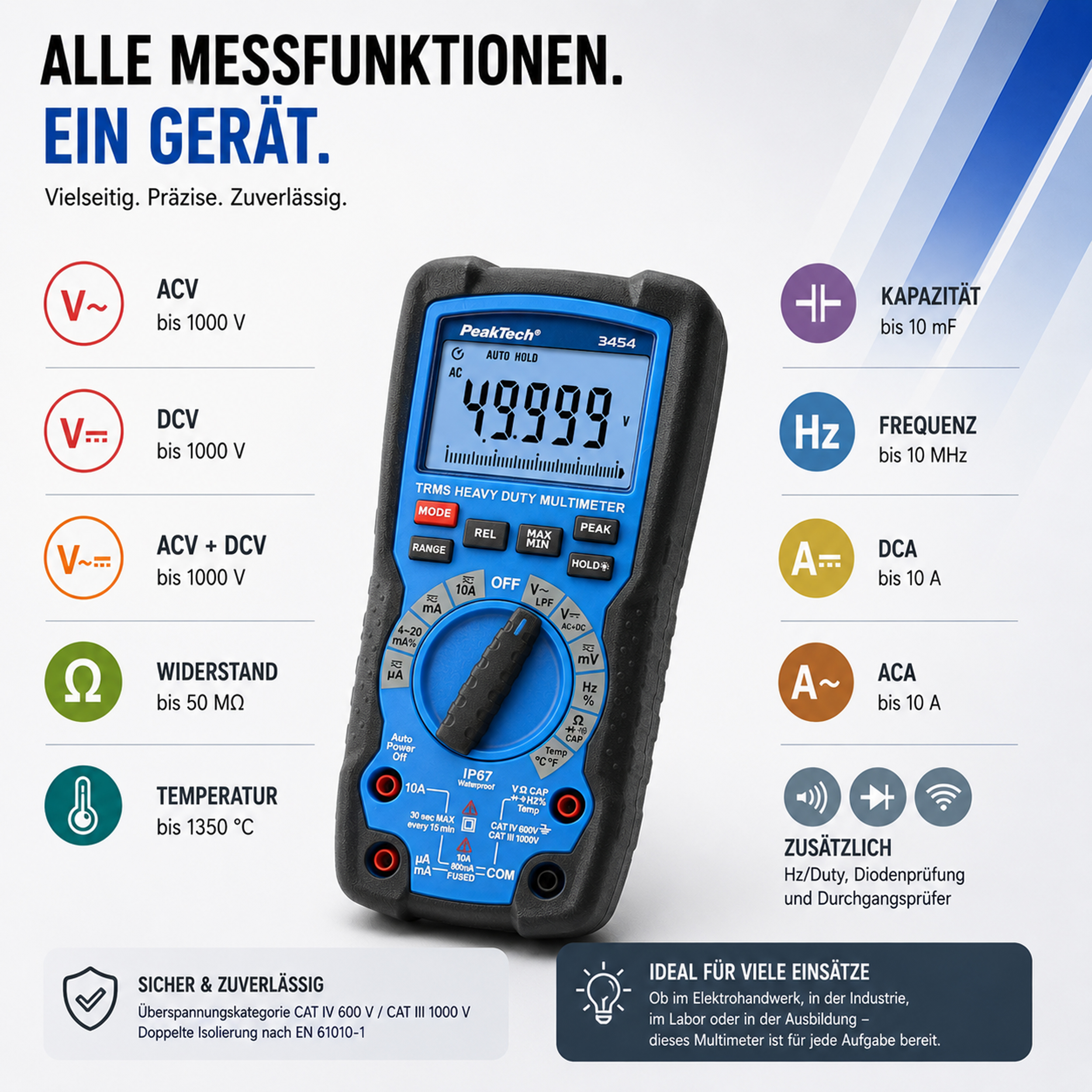 «PeakTech® P 3454» Multimètre robuste  ~ 50 000 points, écran LCD ~ 1 000 V CA/CC avec TrueRMS, IP67