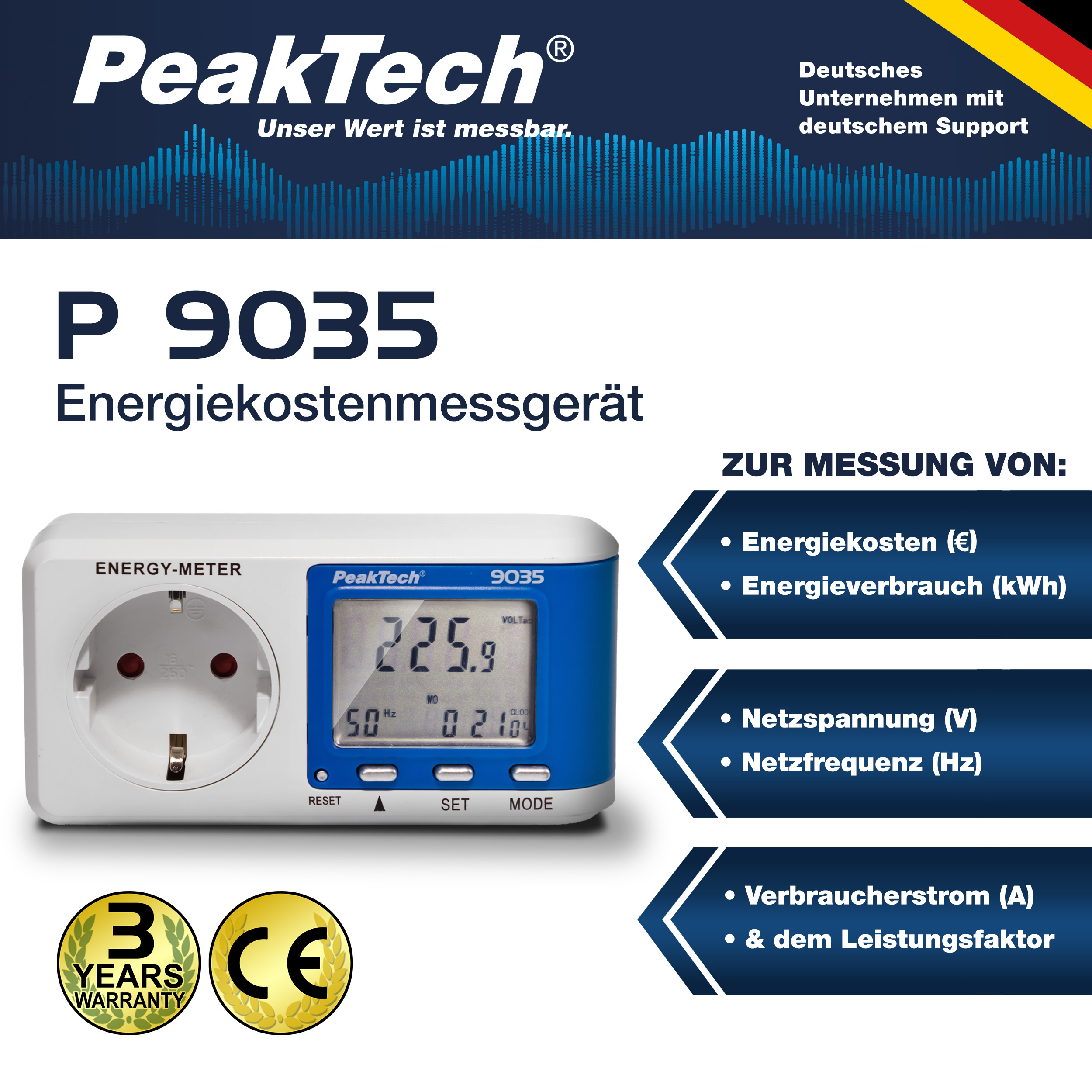 «PeakTech® P 9035» Energiekostenmessgerät mit 0,1 W Auflösung und Anzeigepuffer