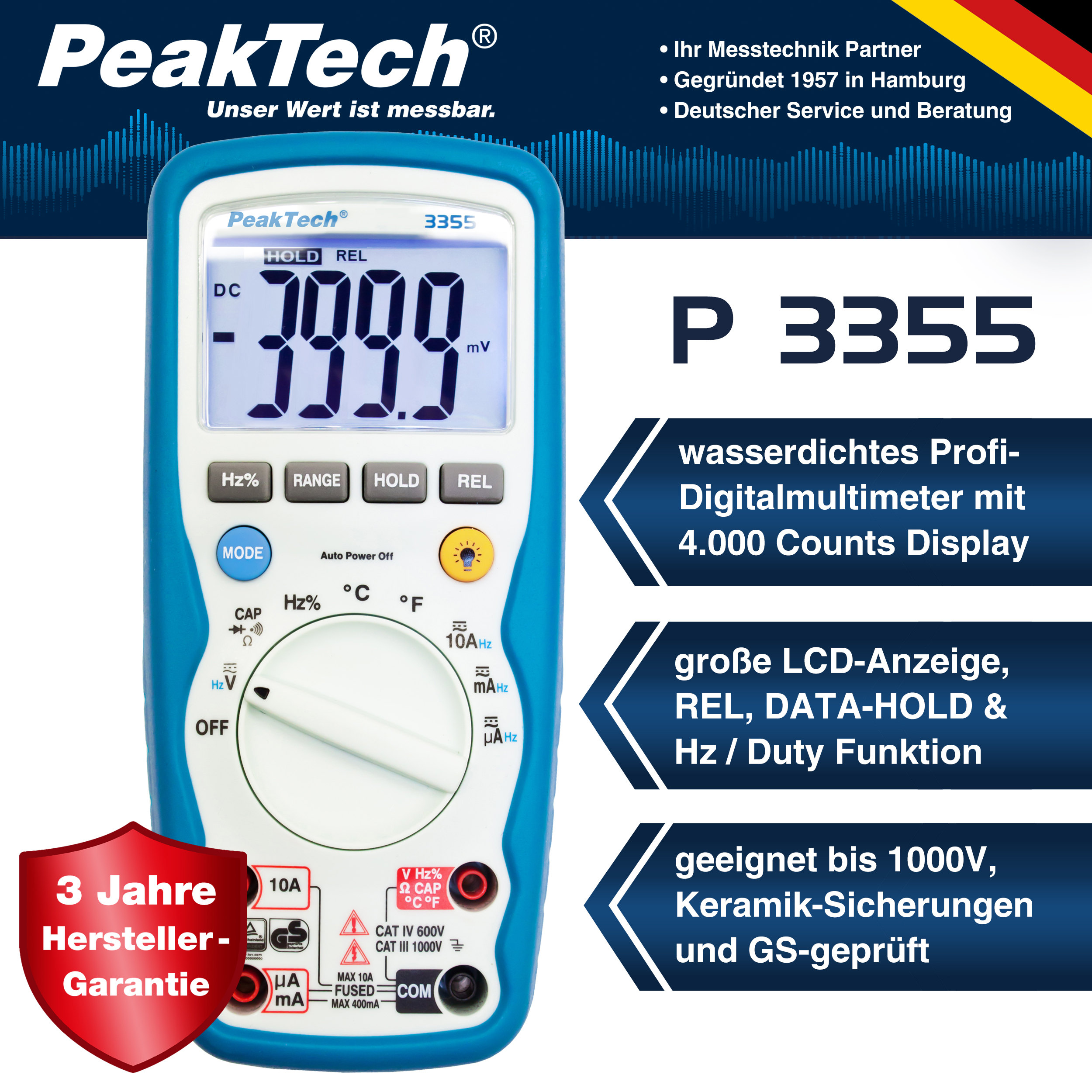 «PeakTech® P 3355» Digitalmultimeter, 4.000 Counts, IP67