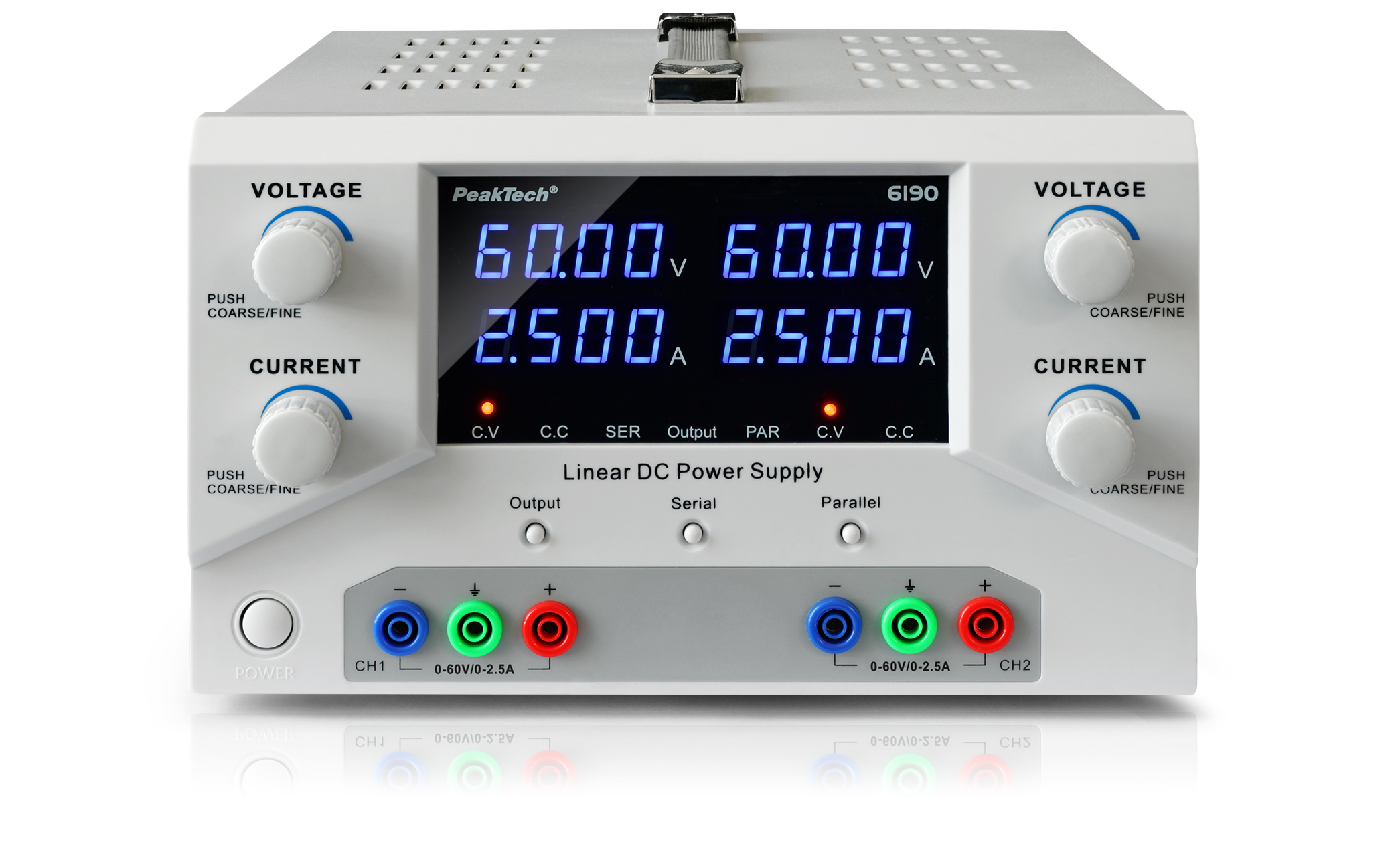 «PeakTech® P 6190» Lab power supply 2x 0-60 V / 0-2,5 A DC & USB