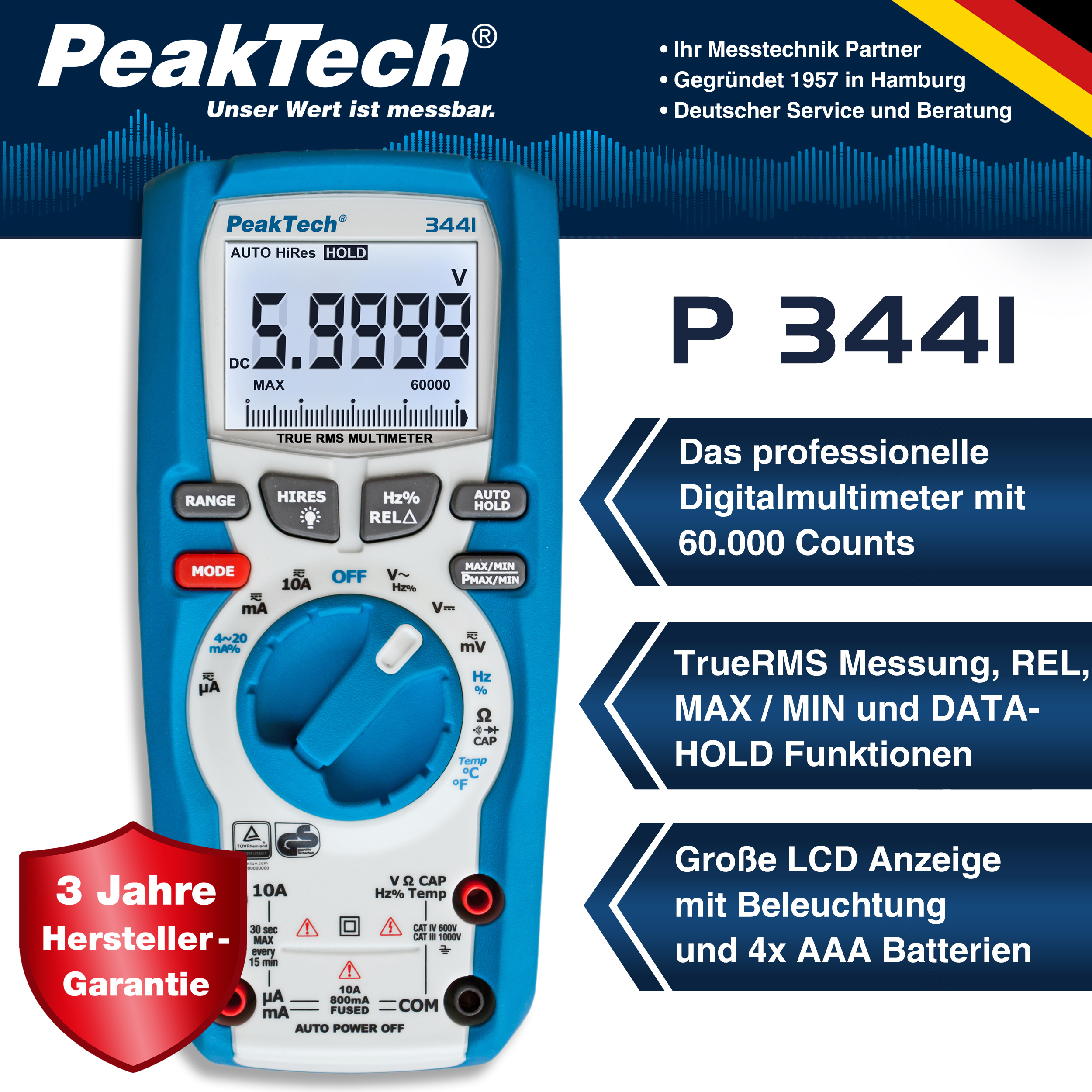 «PeakTech® P 3441» Multímetro Digital TrueRMS ~ 60.000 Counts ~ 1000V AC/DC