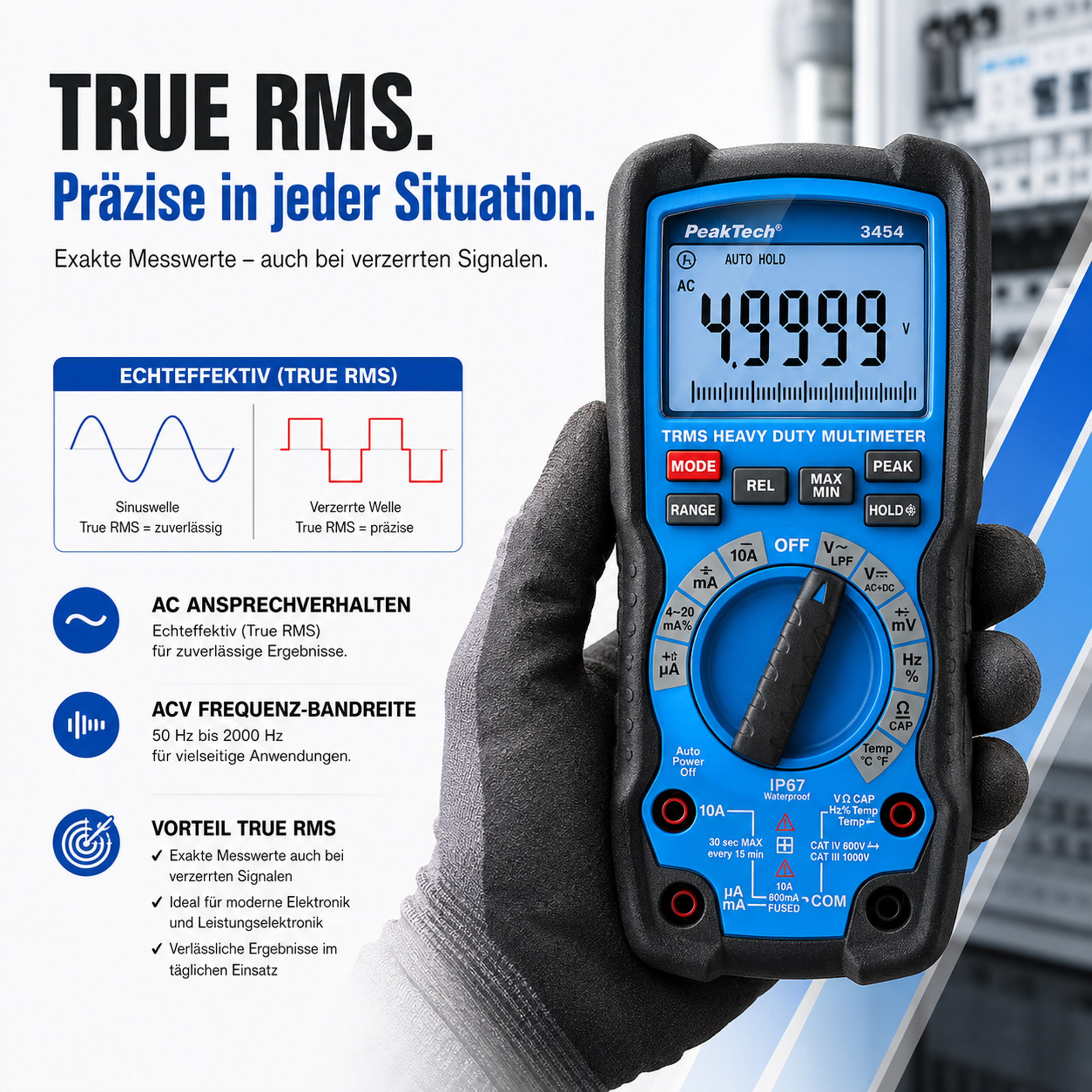«PeakTech® P 3454» Multimètre robuste  ~ 50 000 points, écran LCD ~ 1 000 V CA/CC avec TrueRMS, IP67