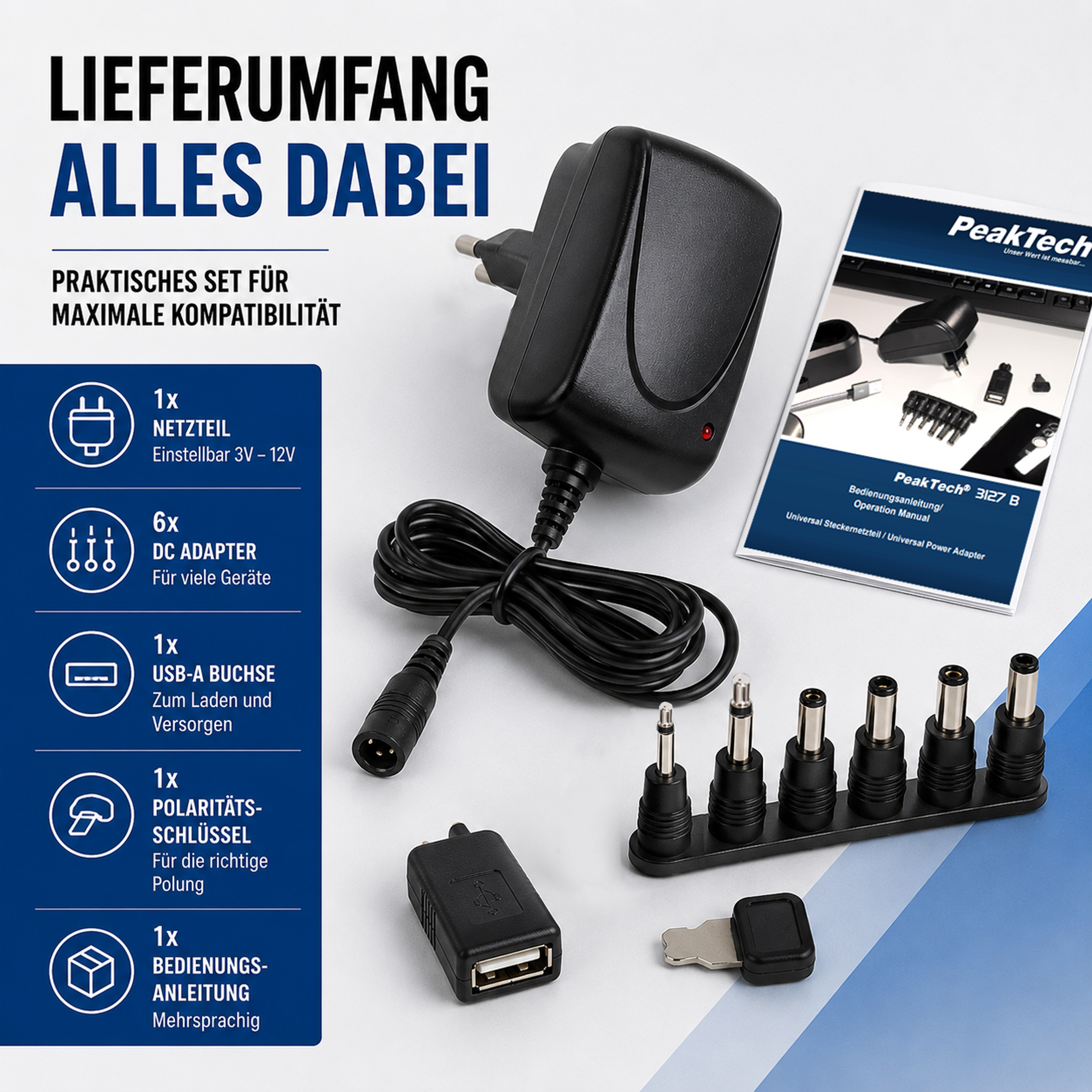 «PeakTech® P 3127 B» Universal-Steckernetzgerät 3 ... 12V DC, 1500mA